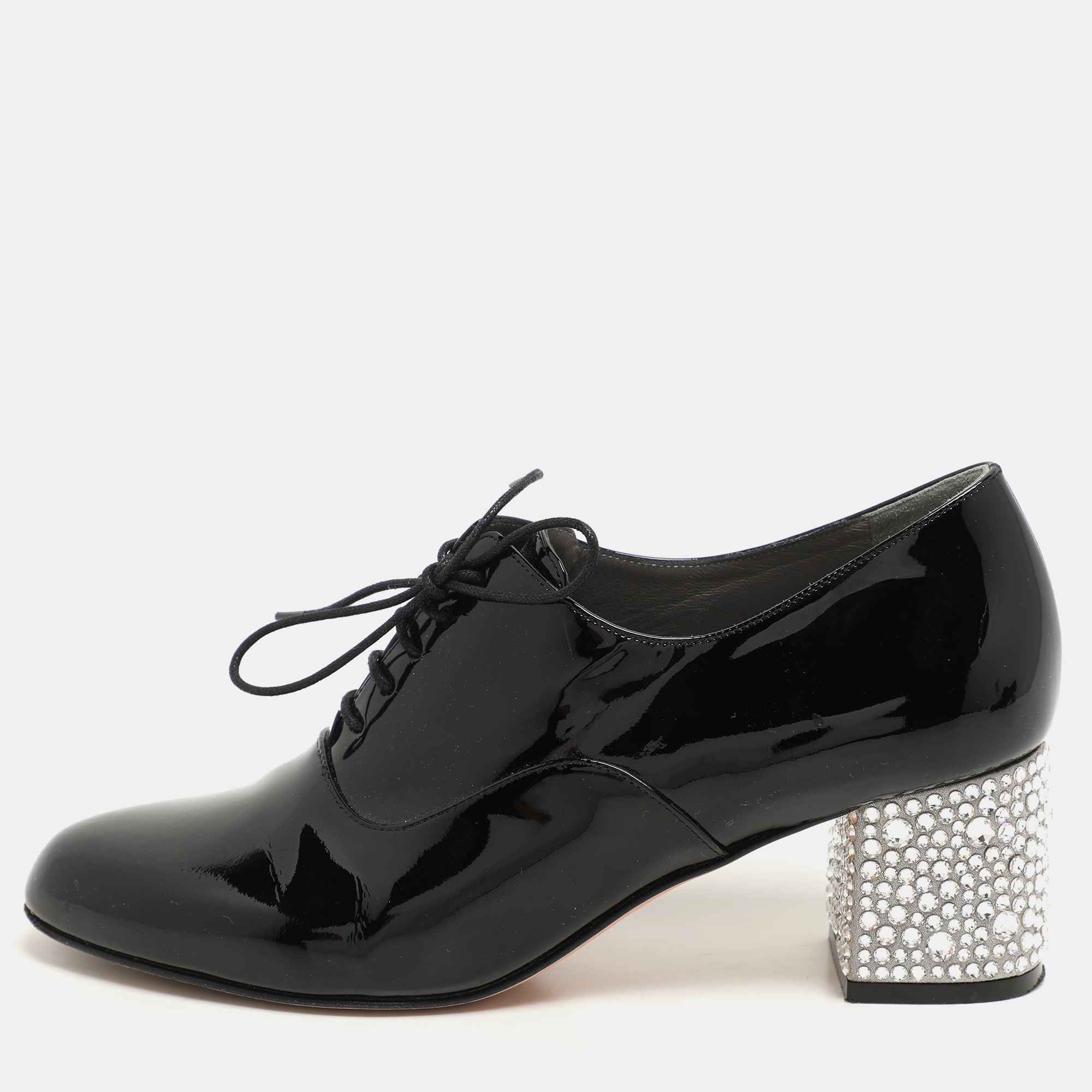 

Gina Black Patent Leather Crystal Embellished Oxford Pumps Size