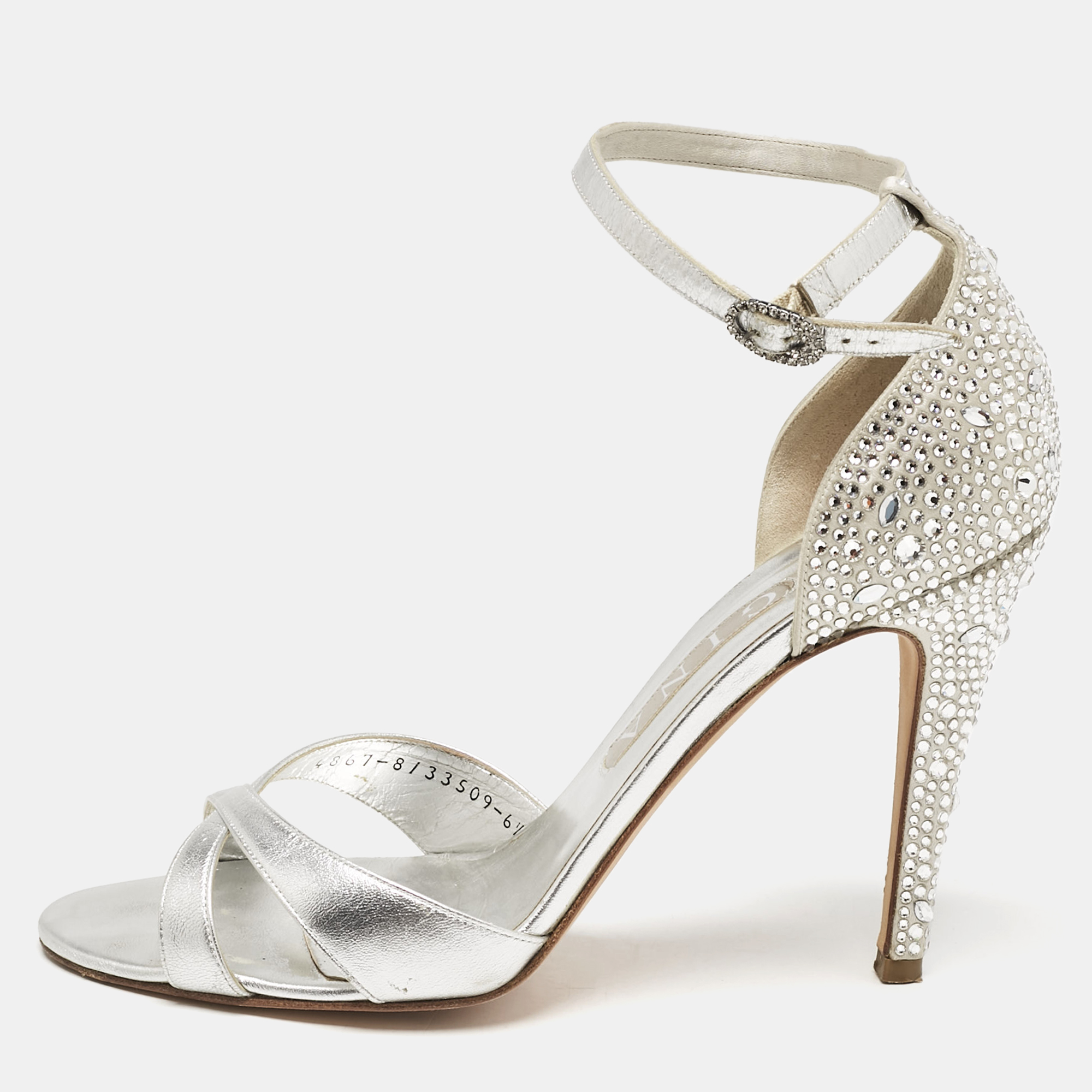 

Gina Silver Leather Crystals Embellished Ankle Strap Sandals Size 39.5