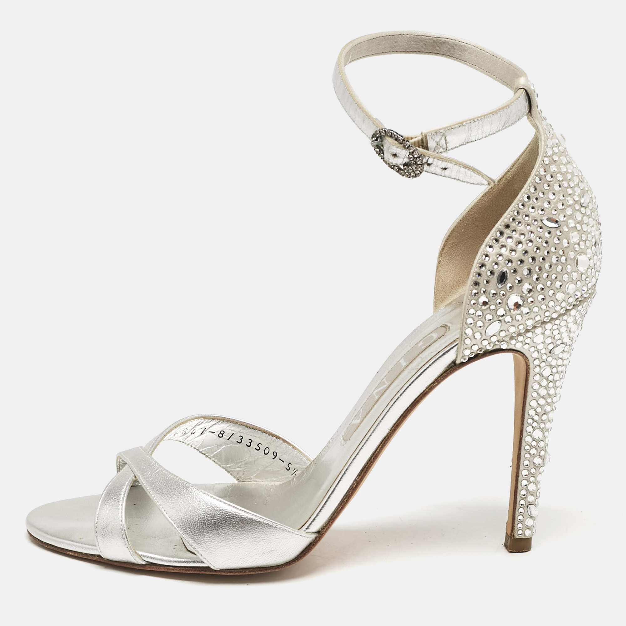 

Gina Silver Leather Crystals Embellished Ankle Strap Sandals Size 38.5