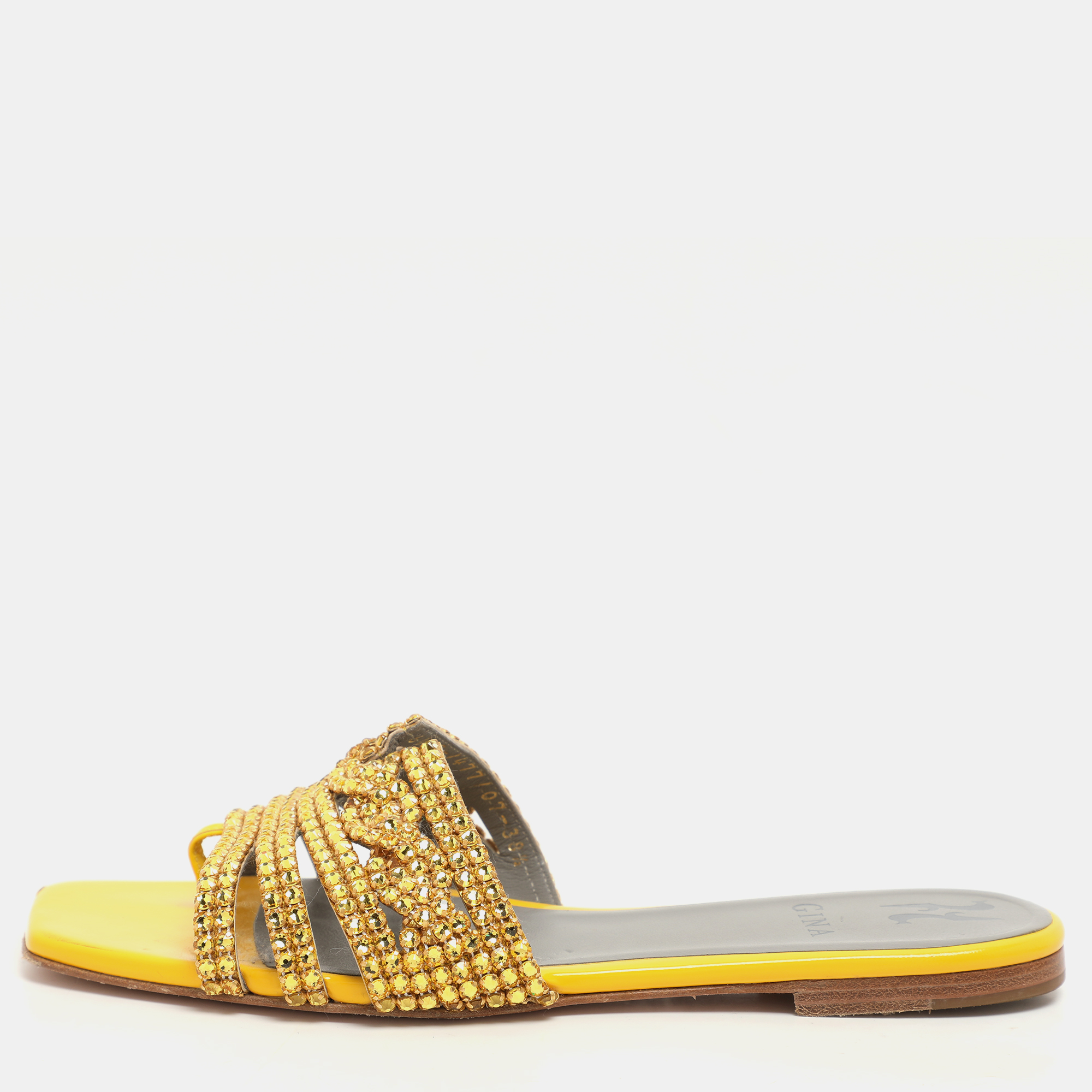 

Gina Metallic Yellow Crystals Embellished Flat Sandals Size 38.5