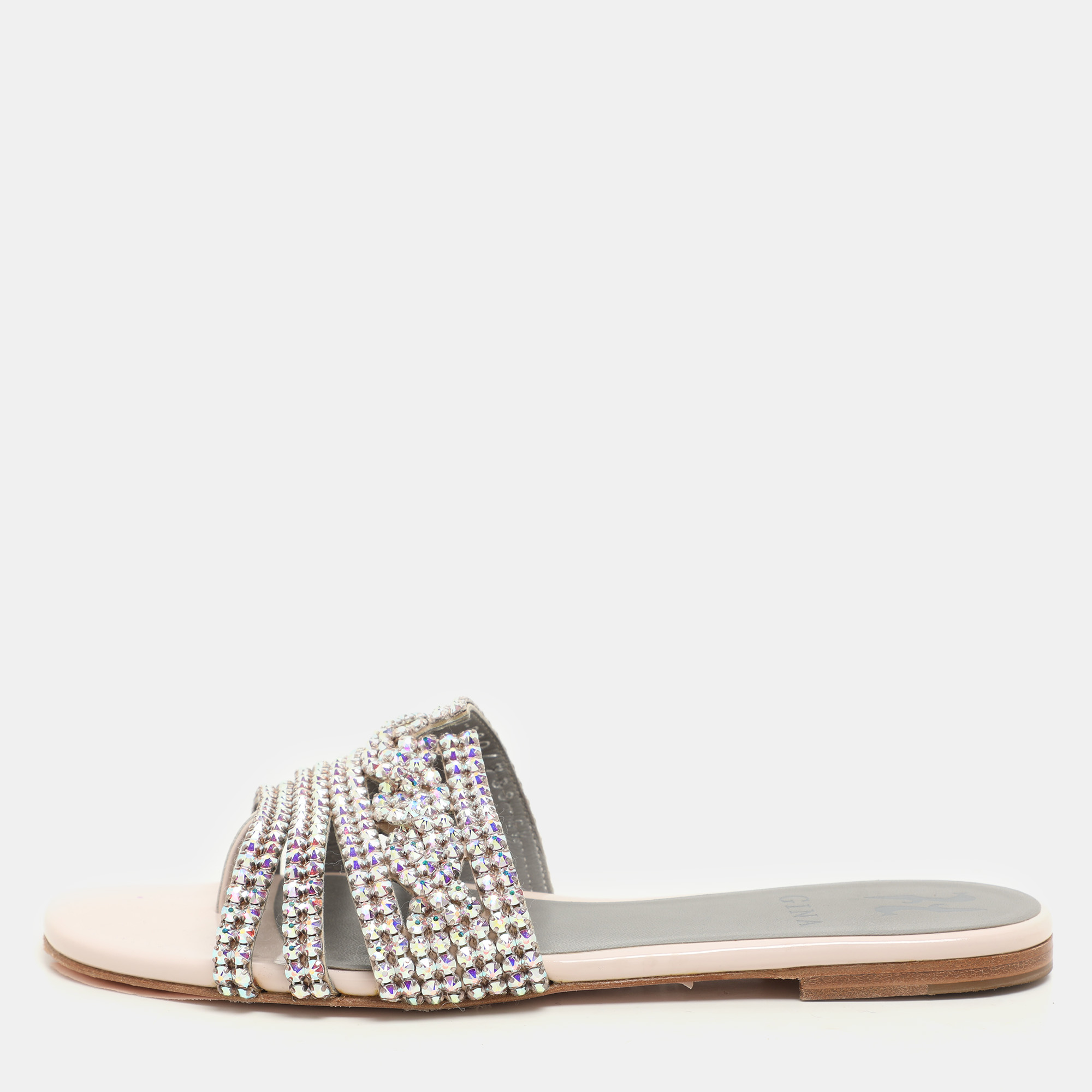 

Gina Pink Crystal Embellished Leather Flat Slides Size 37