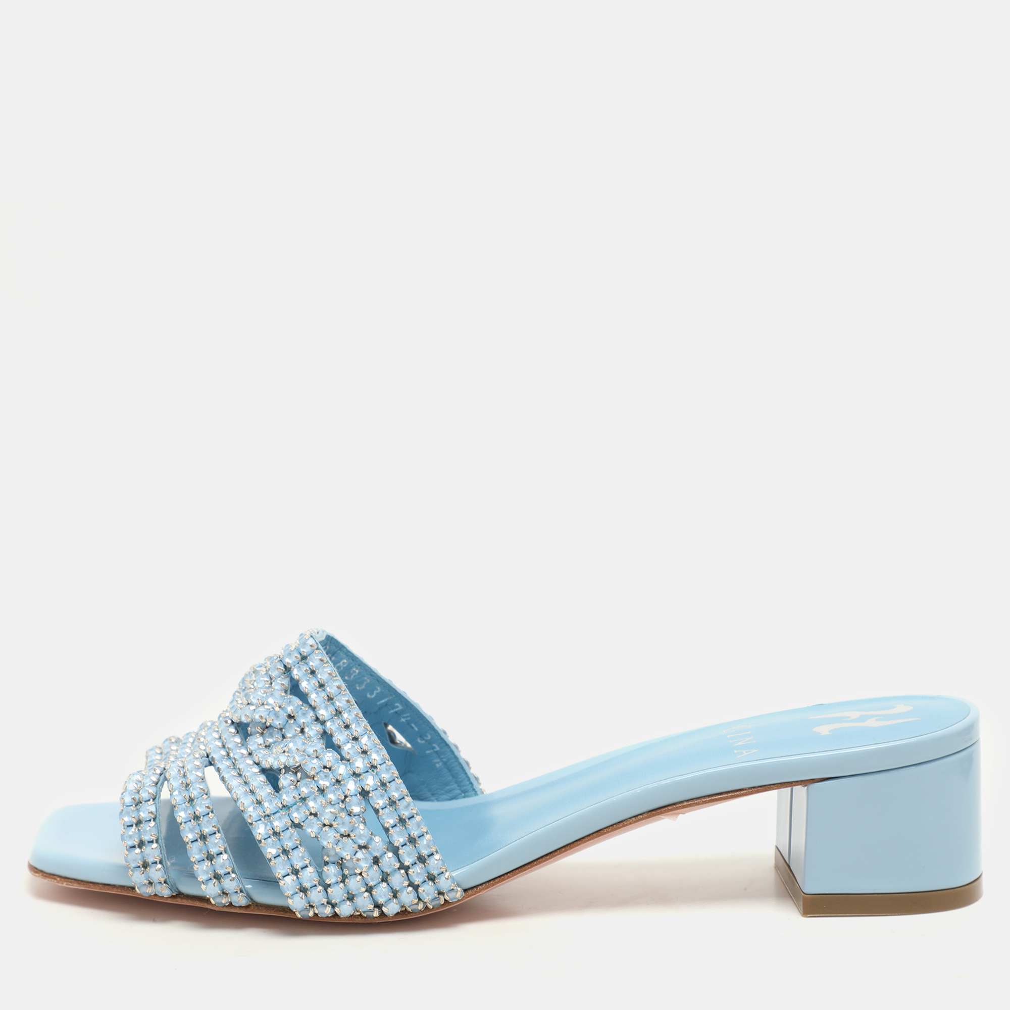 

Gina Light Blue Crystal Embellished Block Heel Slide Sandals Size 37.5