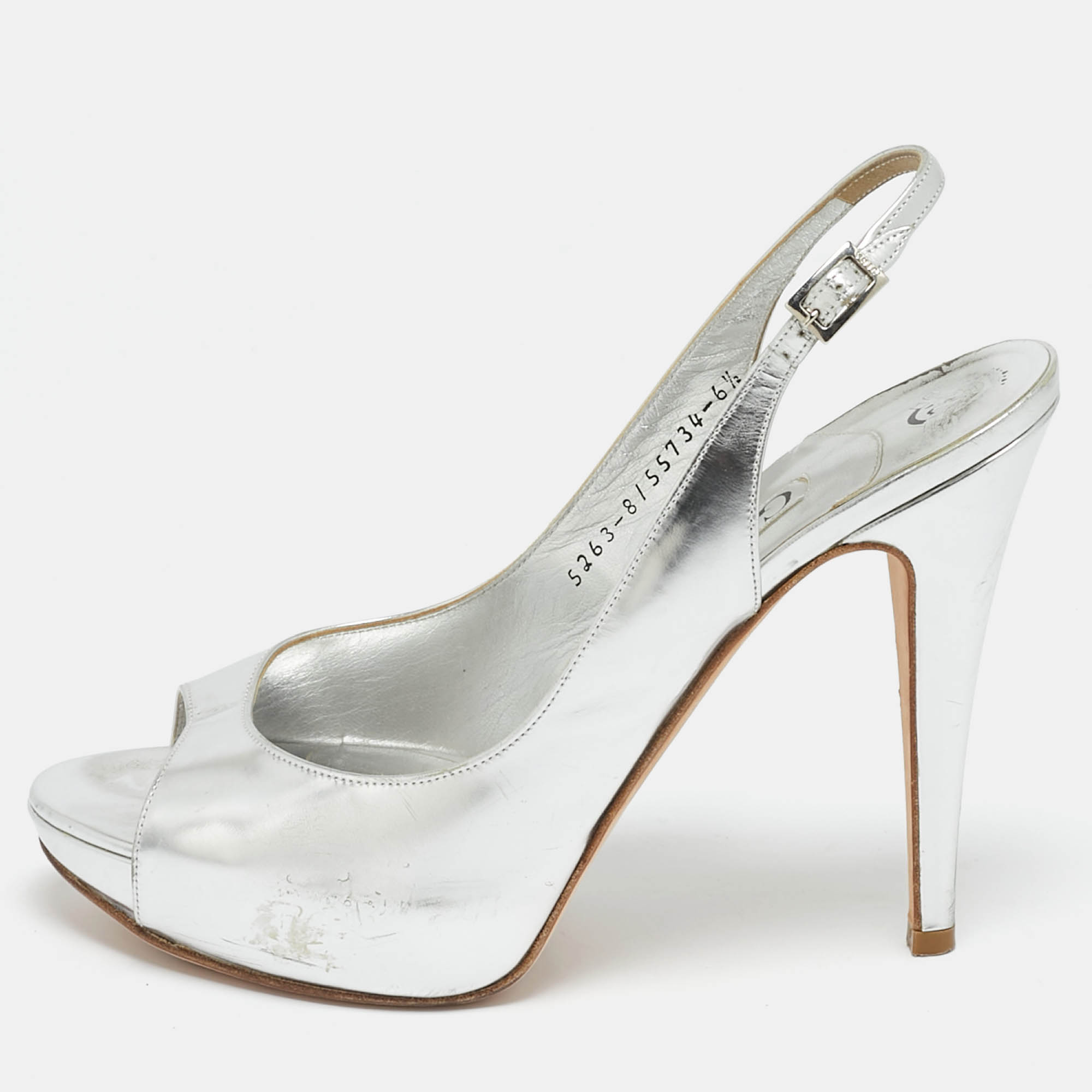 

Gina Silver Leather Slingback Open Toe Platform Sandals Size 39.5