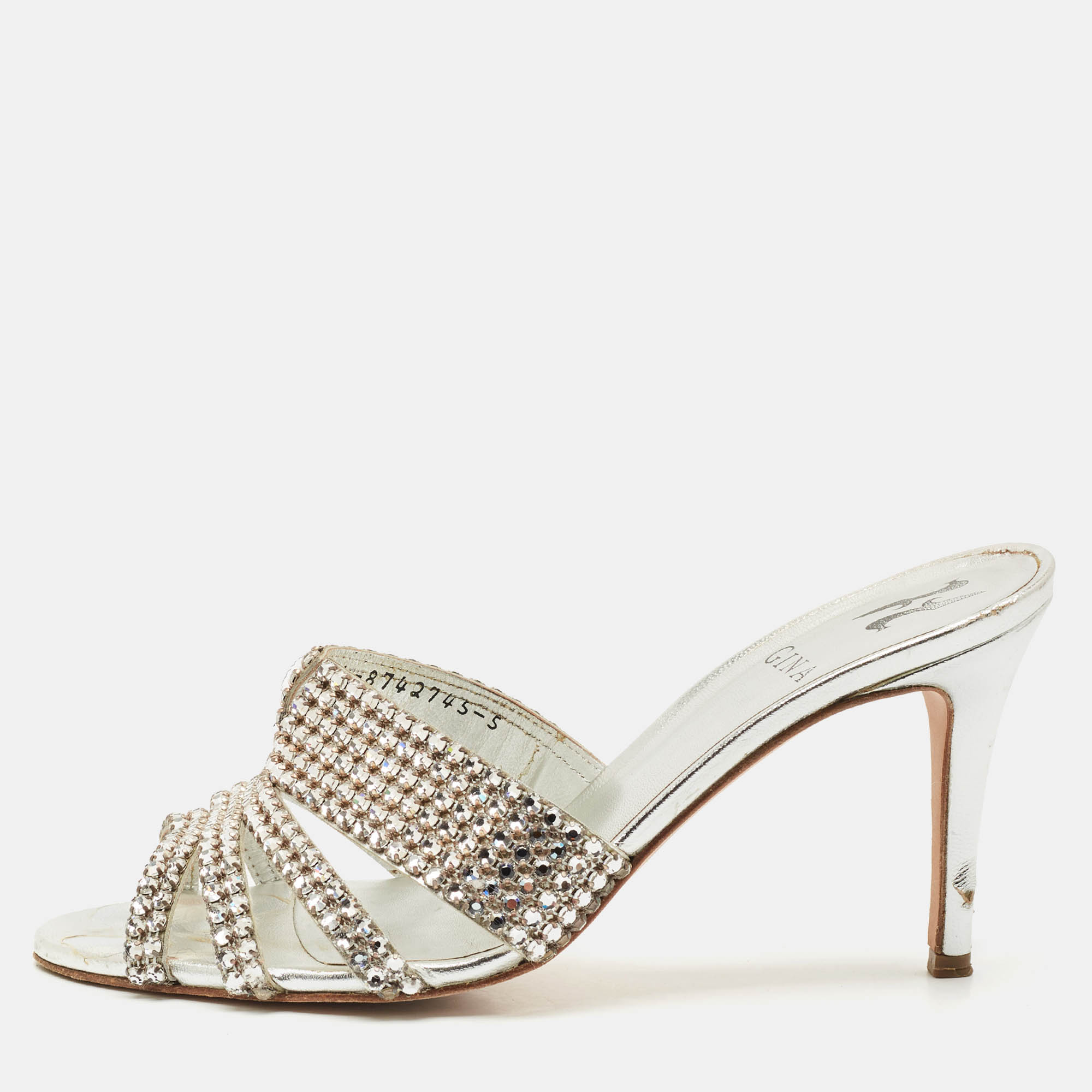 

Gina Silver Crystal Embellished Leather Slide Sandals Size 38