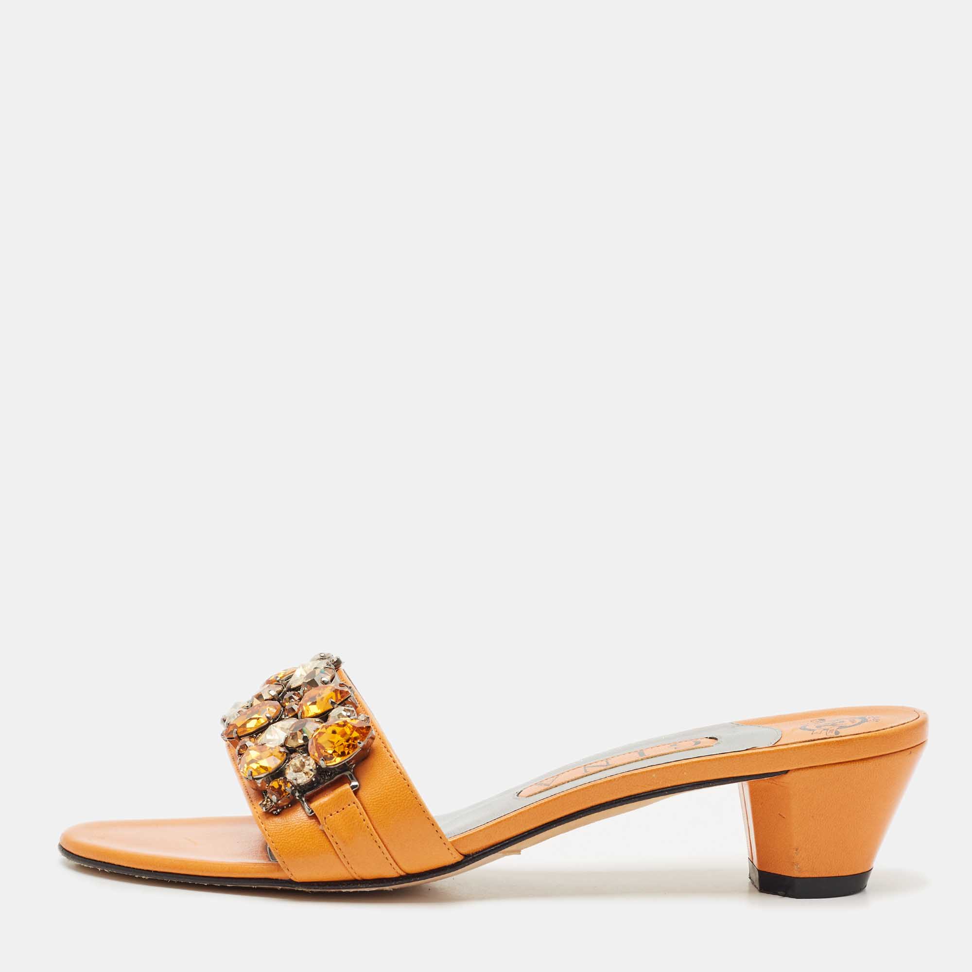 

Gina Orange Leather Crystal Embellished Slide Sandals Size 38.5