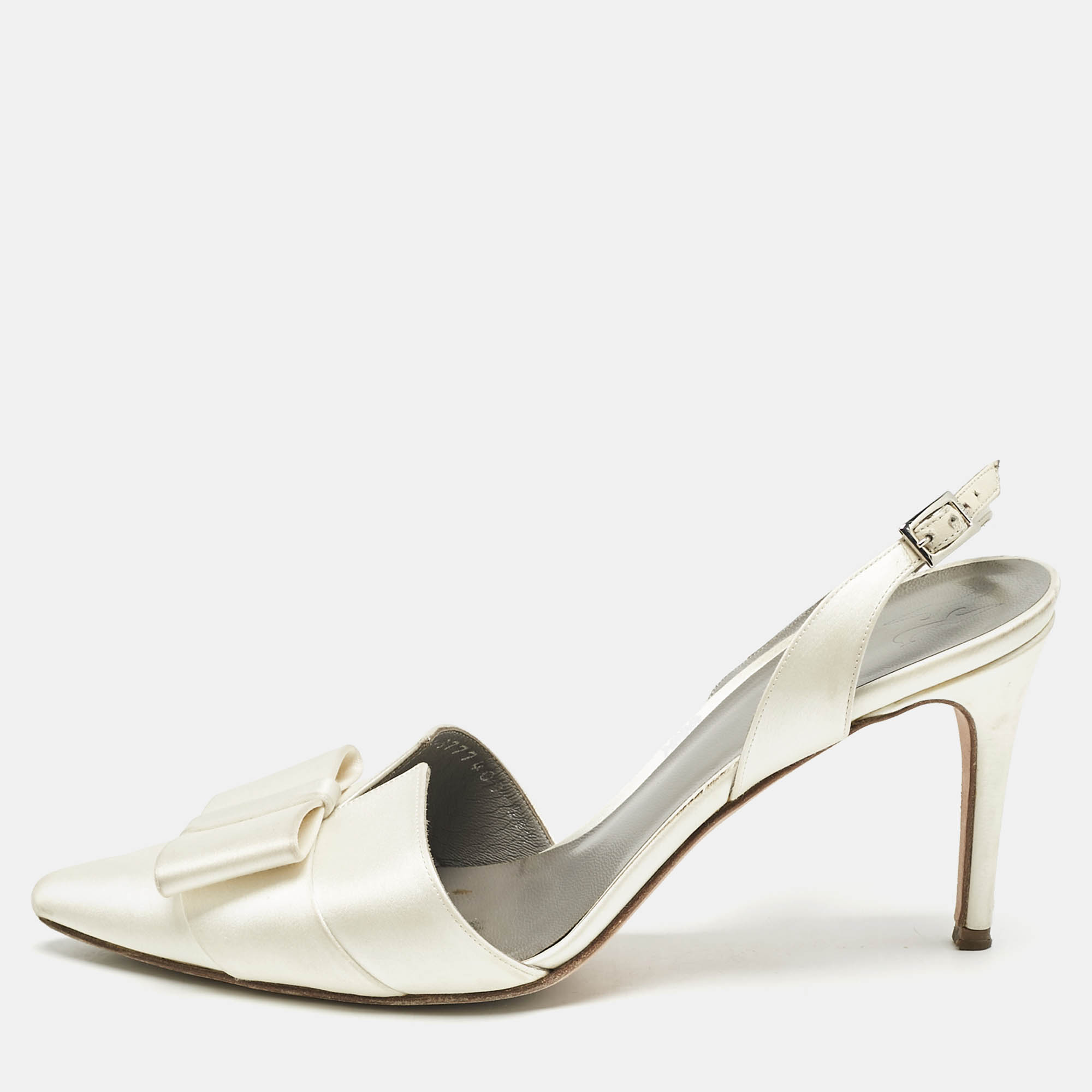 

Gina Off White Satin Pointed Toe Slingback Pumps Size