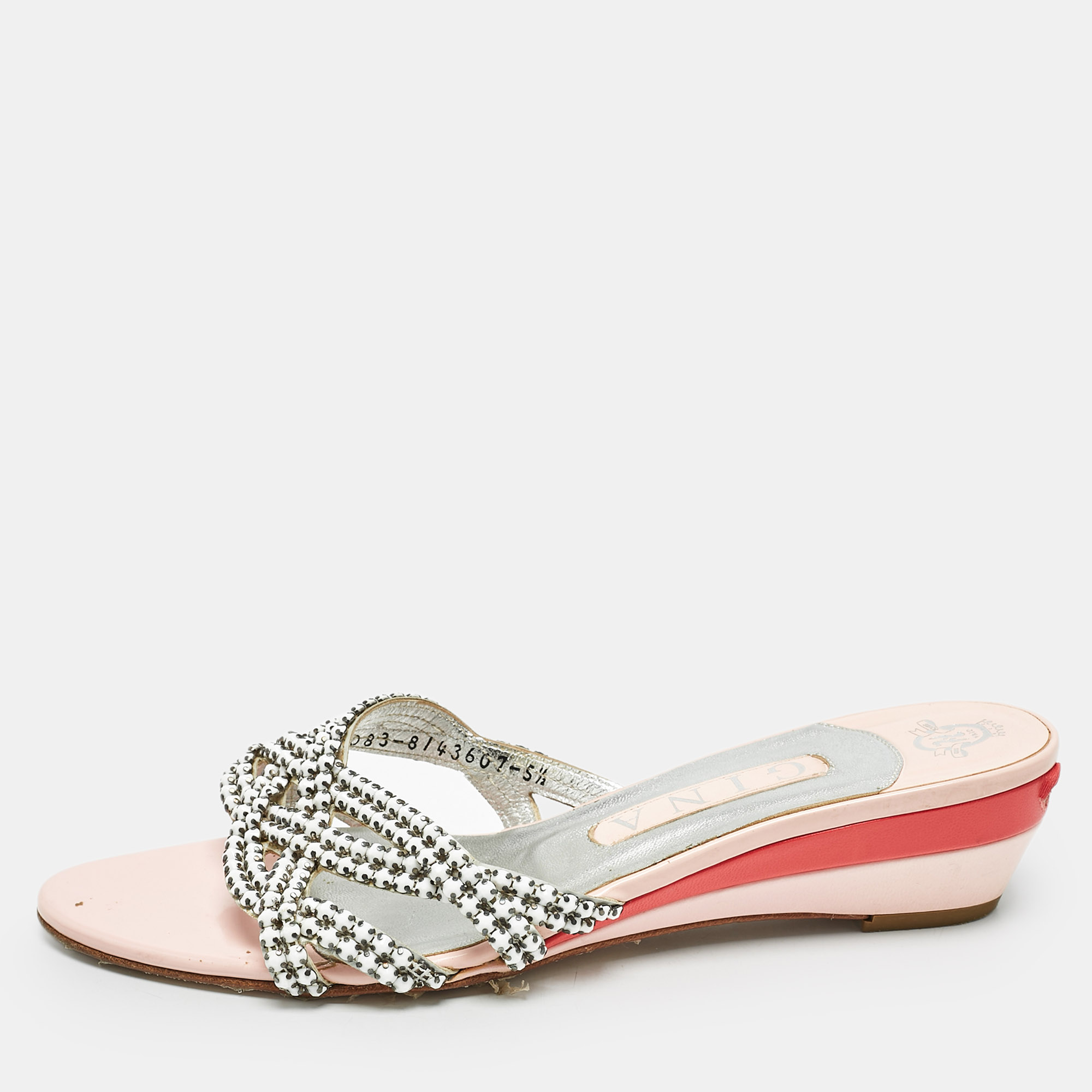 

Gina White/Silver Leather Crystal Embellished Sandals Size 38.5