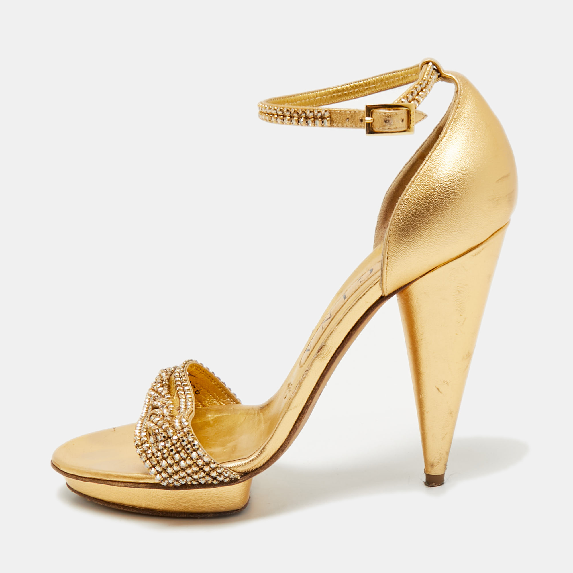 

Gina Gold Leather Crystal Embellished Cross Ankle Strap Sandals Size 39