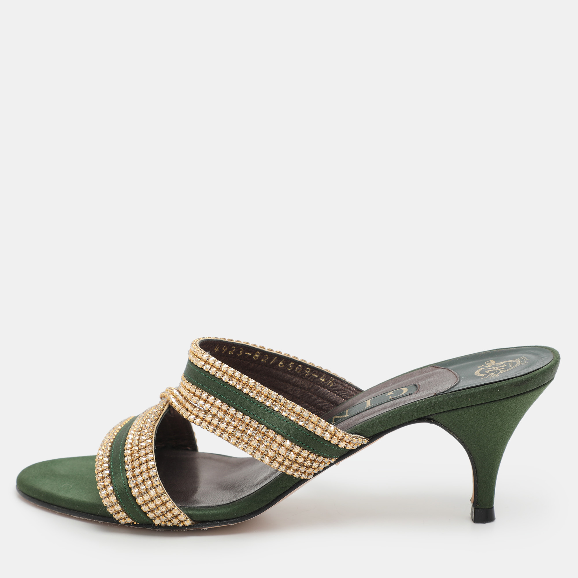 

Gina Green/Gold Crystal Embellished Satin Slide Sandals Size 37.5