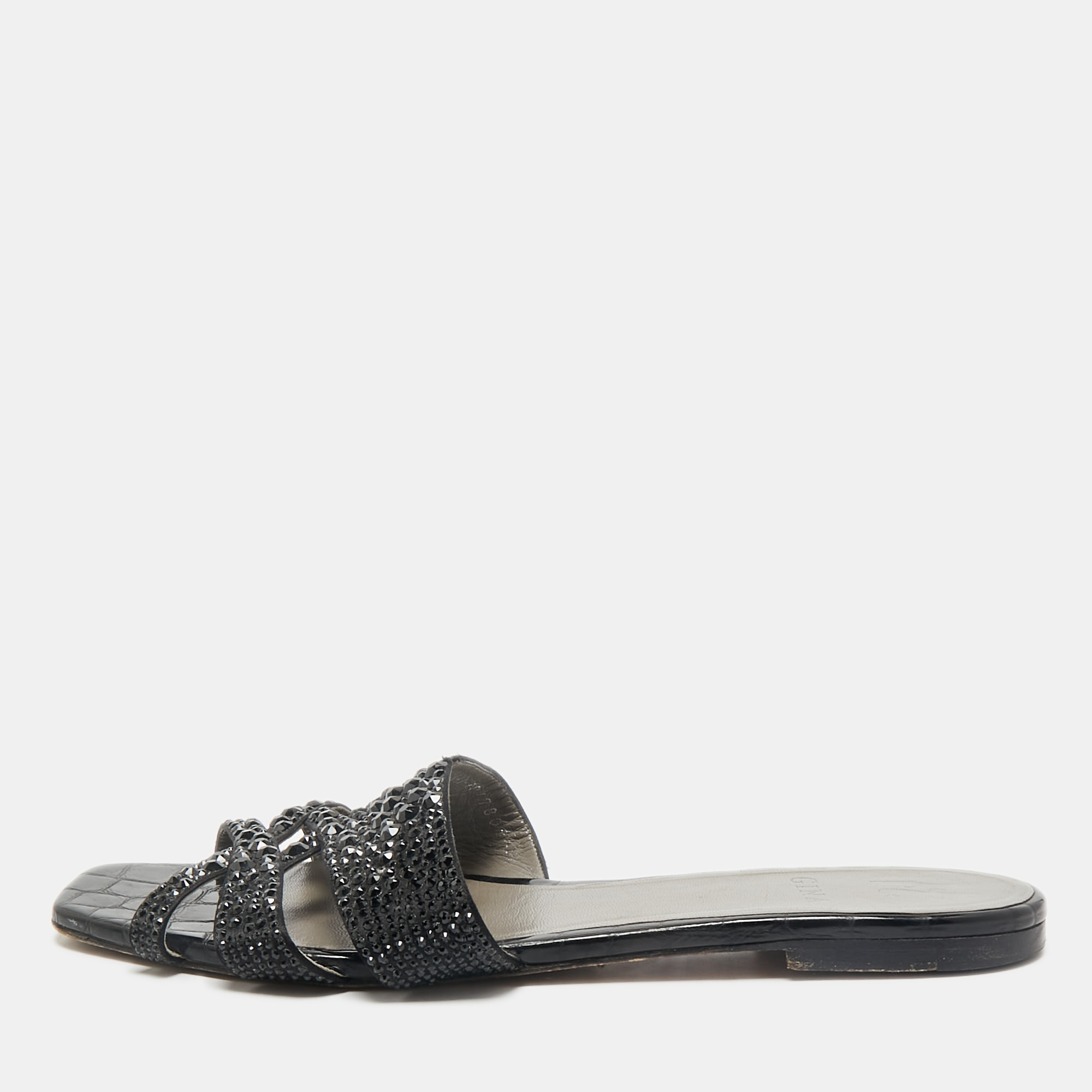

Gina Black Satin Crystal Embellished Loren Flat Slide Sandals Size