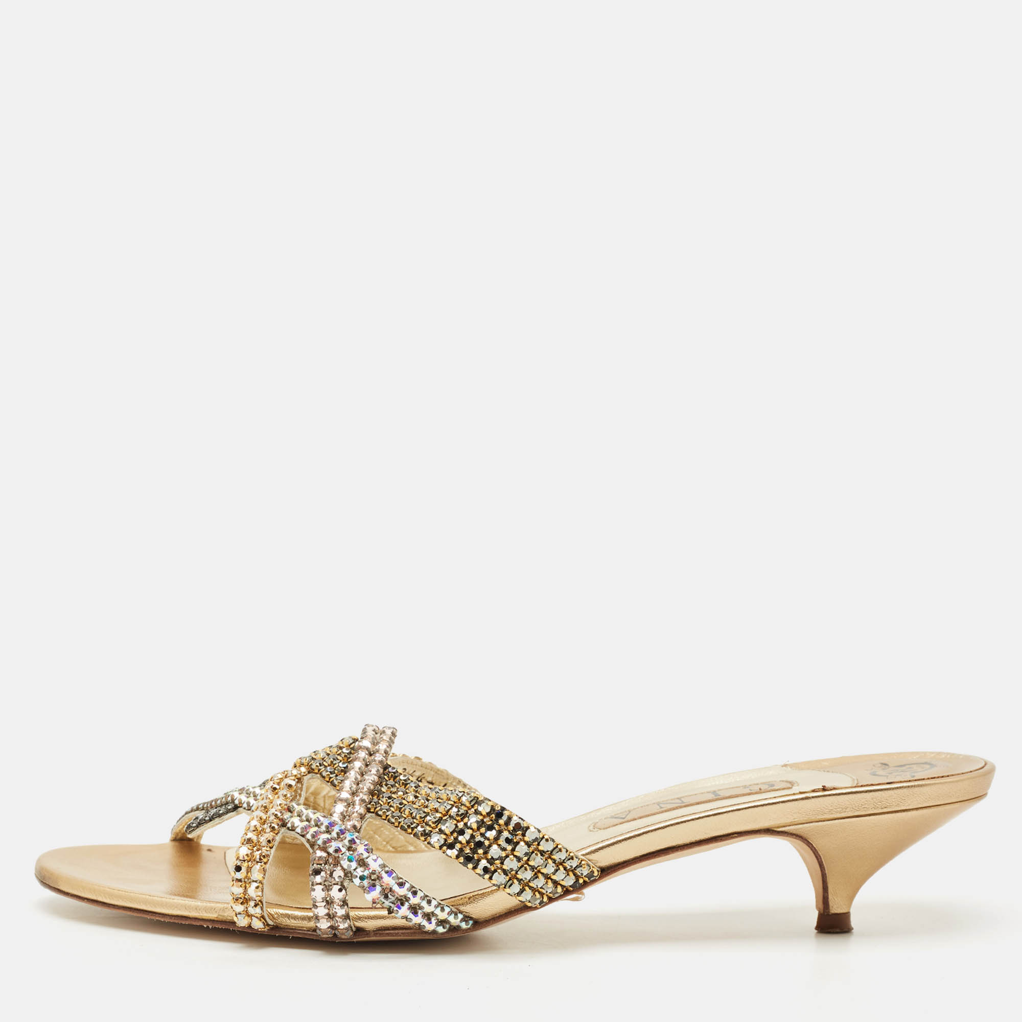 

Gina Gold Leather Crystals Embellished Slide Sandals Size 41.5
