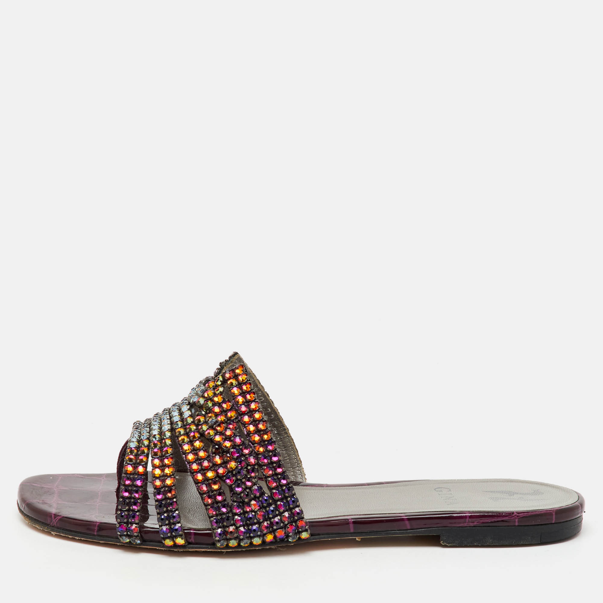 

Gina Burgundy Croc Embossed Patent Leather Crystal Embellished Flat Slide Sandals Size 38
