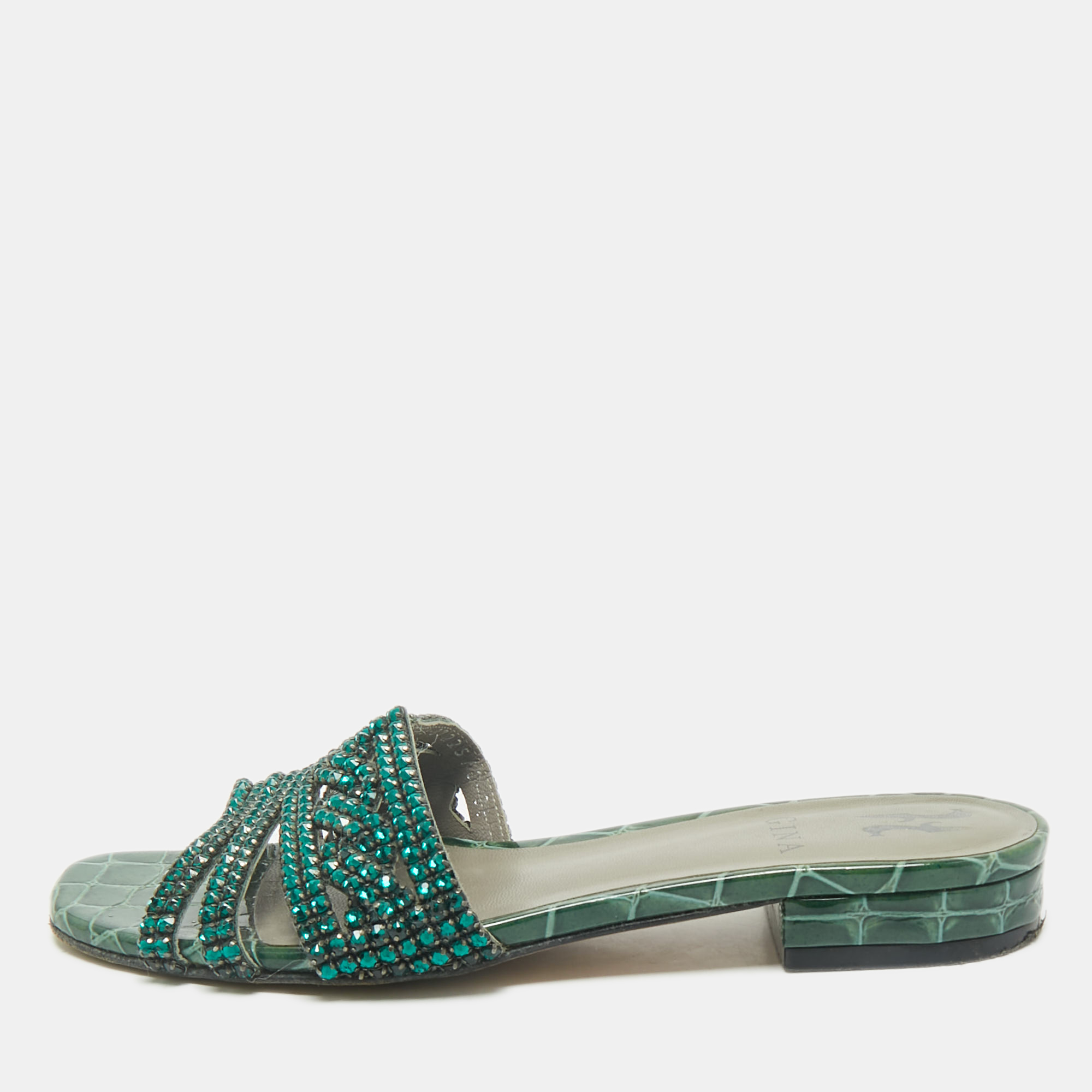 

Gina Green Croc Embossed and Patent Leather Visage Slide Sandals Size