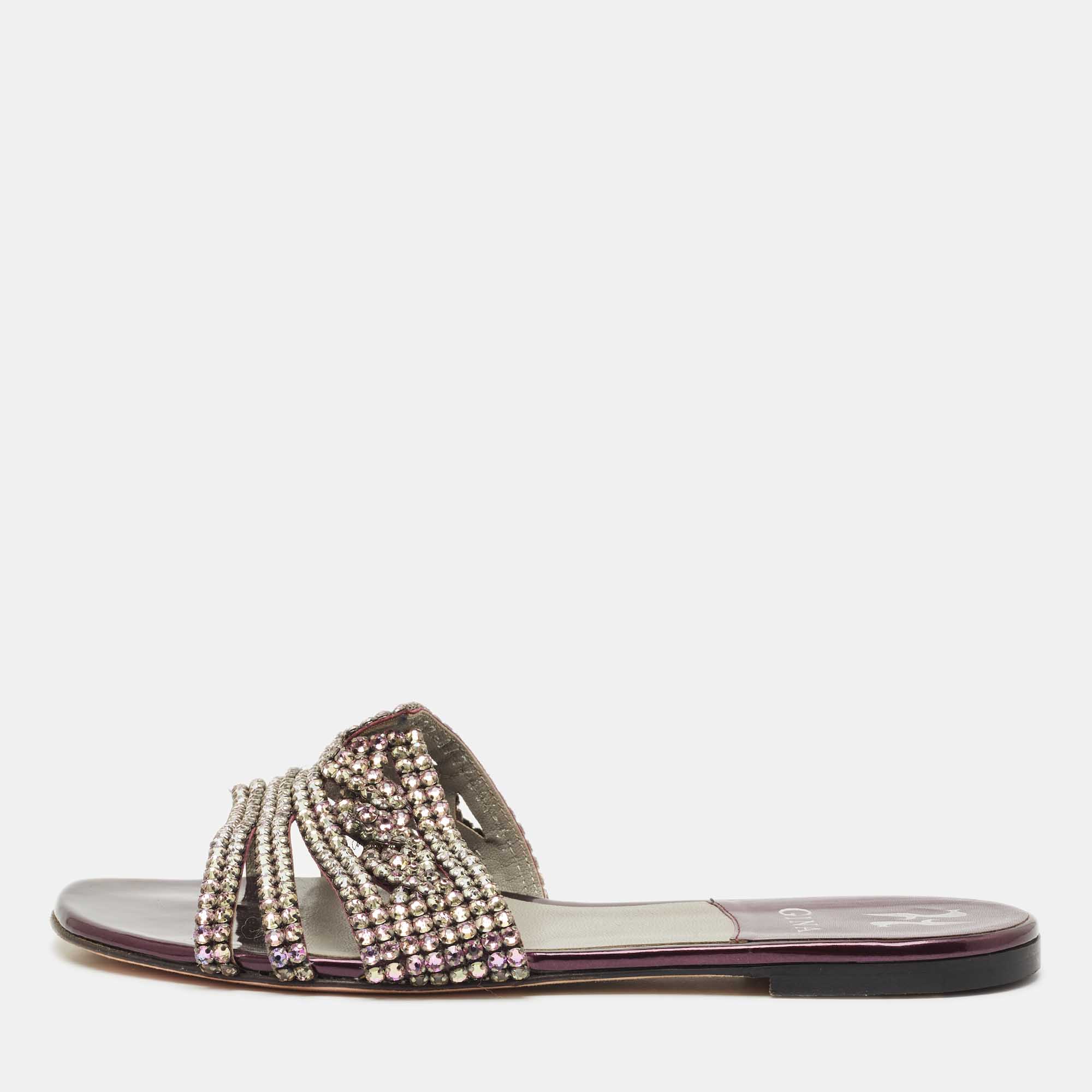 

Gina Dark Purple Leather Crystal Embellished Loren Flat Slide Sandals Size 39.5