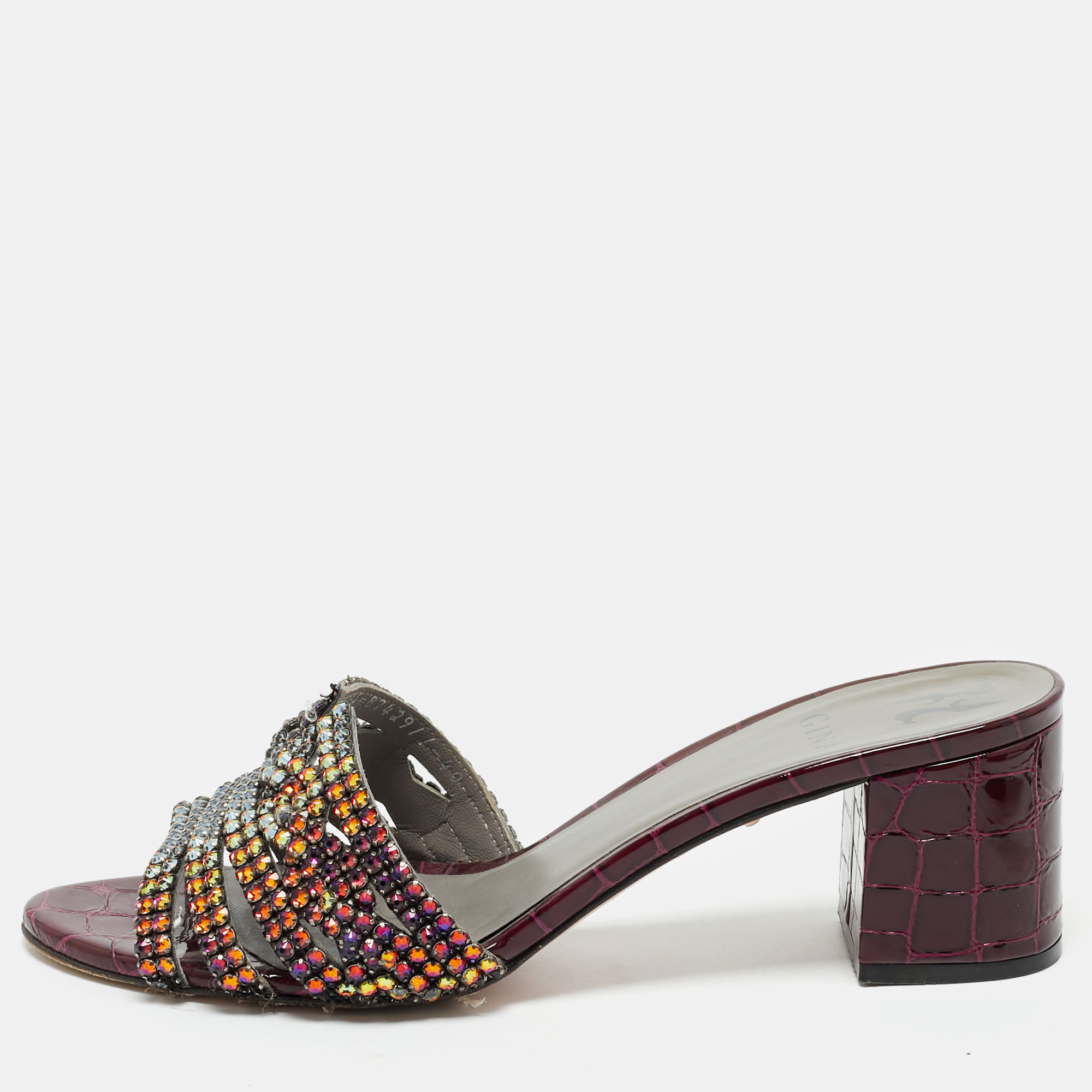 

Gina Burgundy Croc Embossed Patent Leather Crystal Embellished Visage Slide Sandals Size