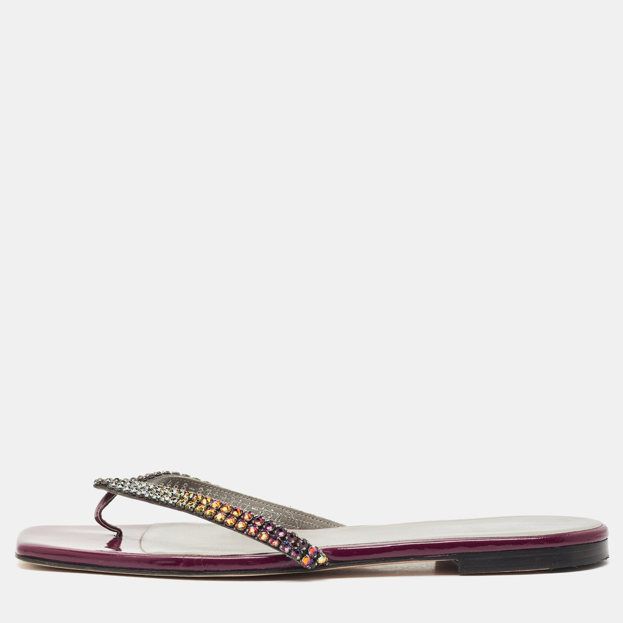 

Gina Burgundy Leather Crystal Embellished Thong Flat Slides Size