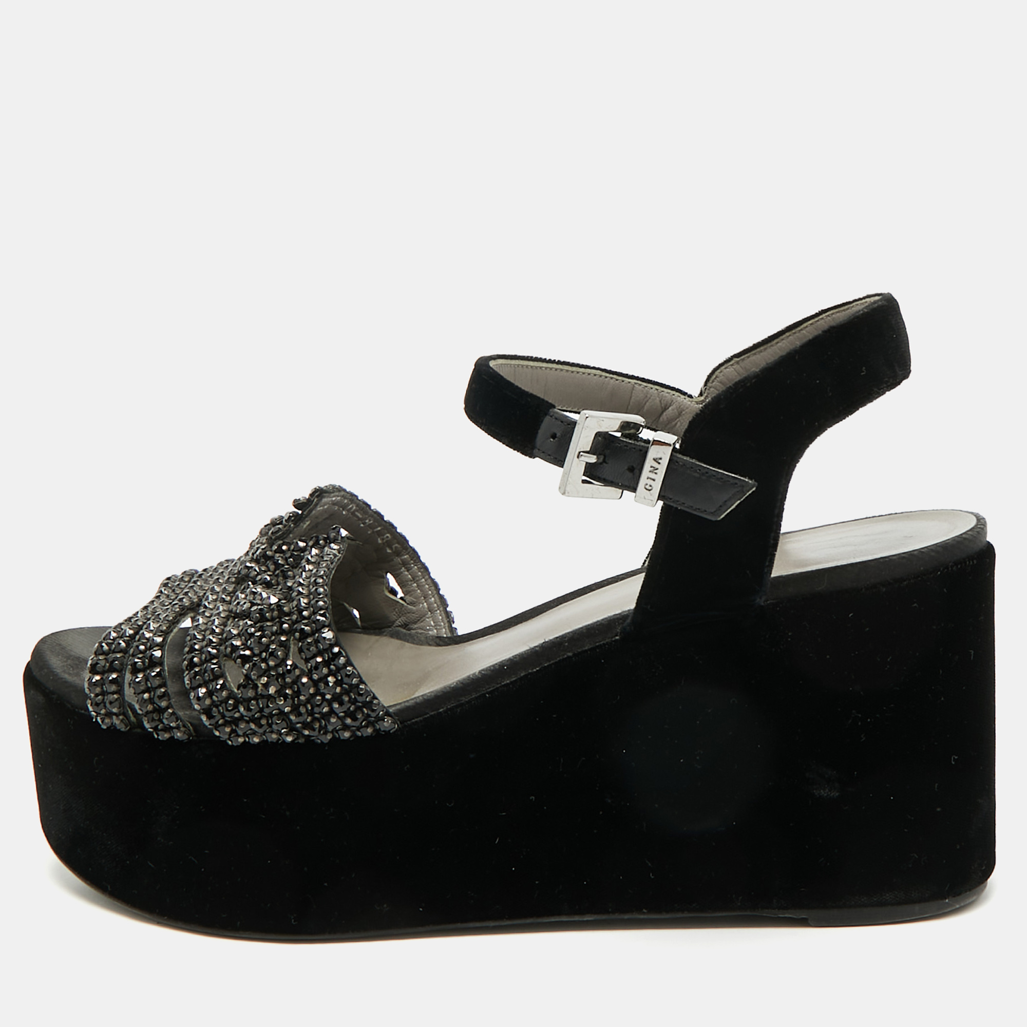 

Gina Black Velvet Crystal Embellished Wedge Platform Ankle-Strap Sandals Size