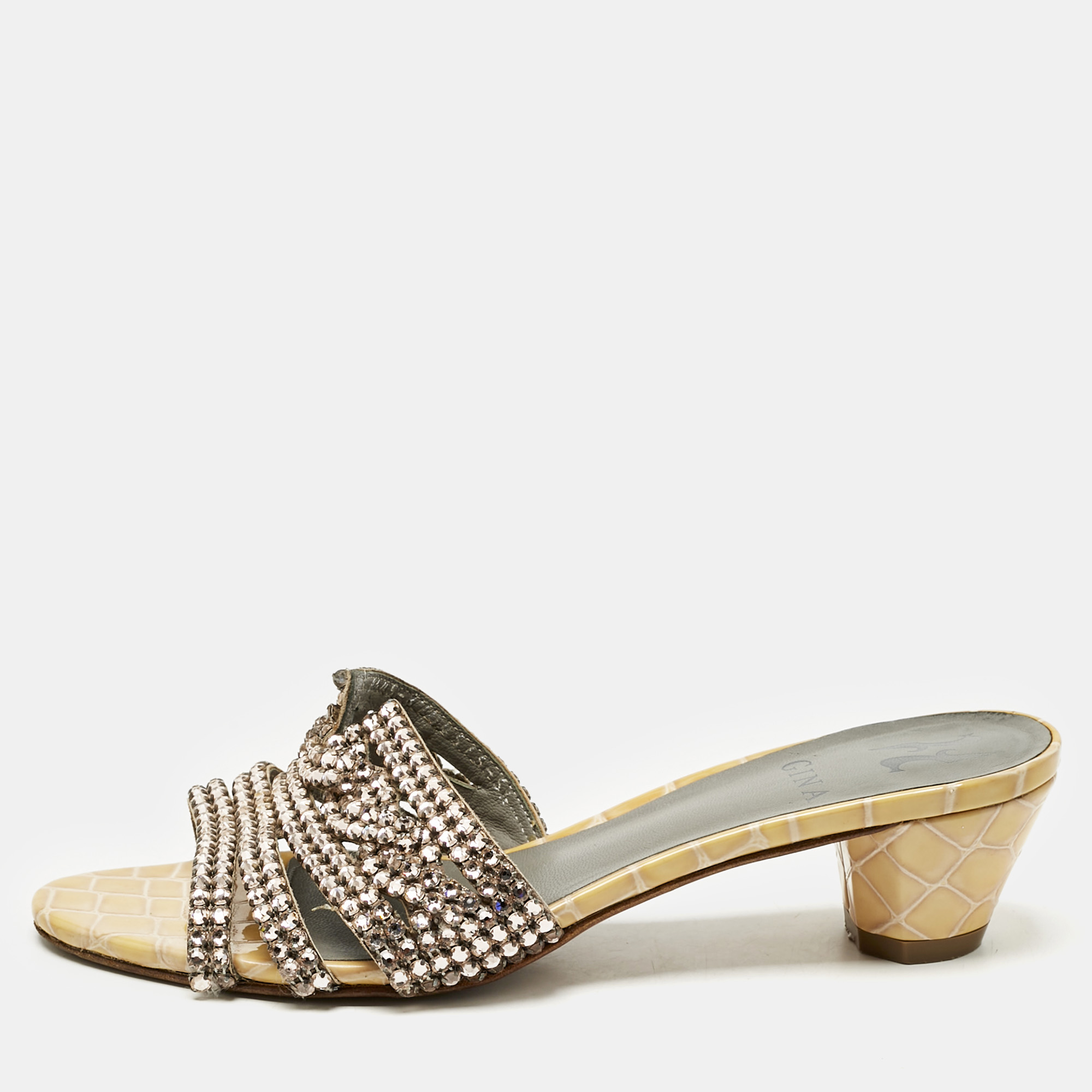 

Gina Gold Croc Embossed Patent Leather and Leather Vida Crystals Slide Sandals Size 38.5