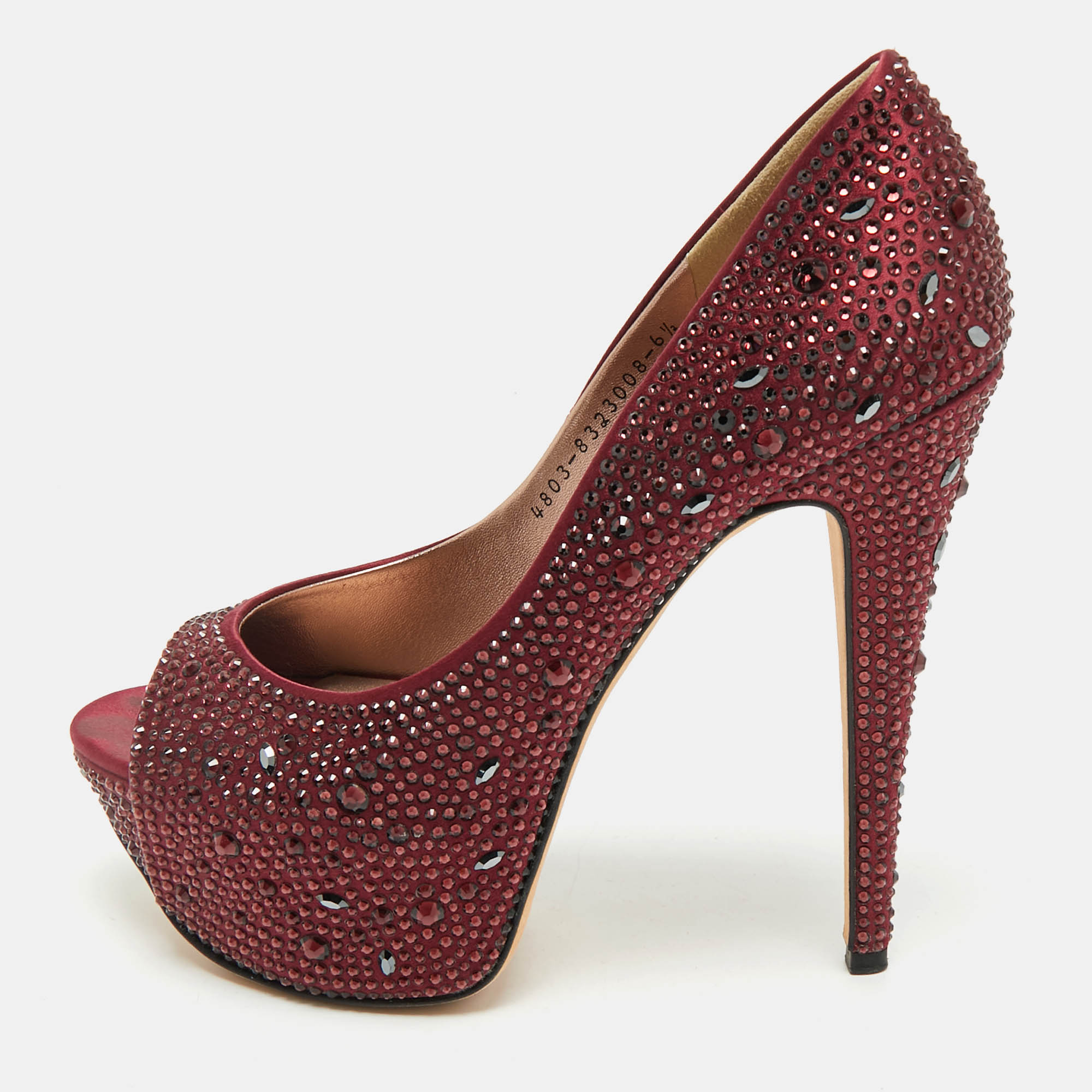 Pre-owned Gina Burgundy Satin Crystal Embellished Peep Toe Platform Pumps Size 39.5