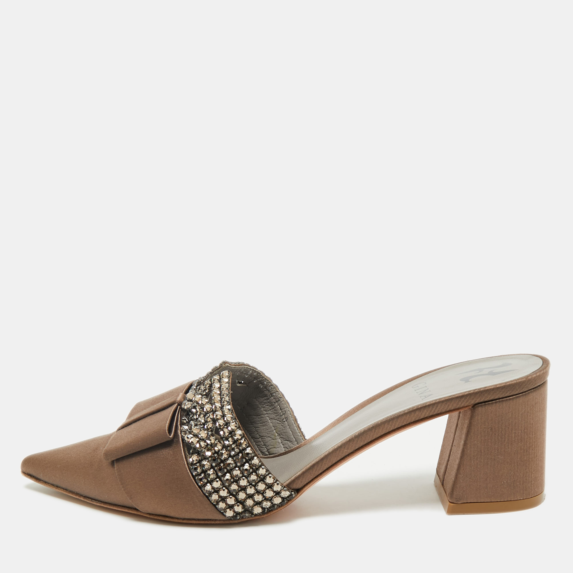 

Gina Brown Satin Crystal Embellished Chachki Block Heel Mules Size