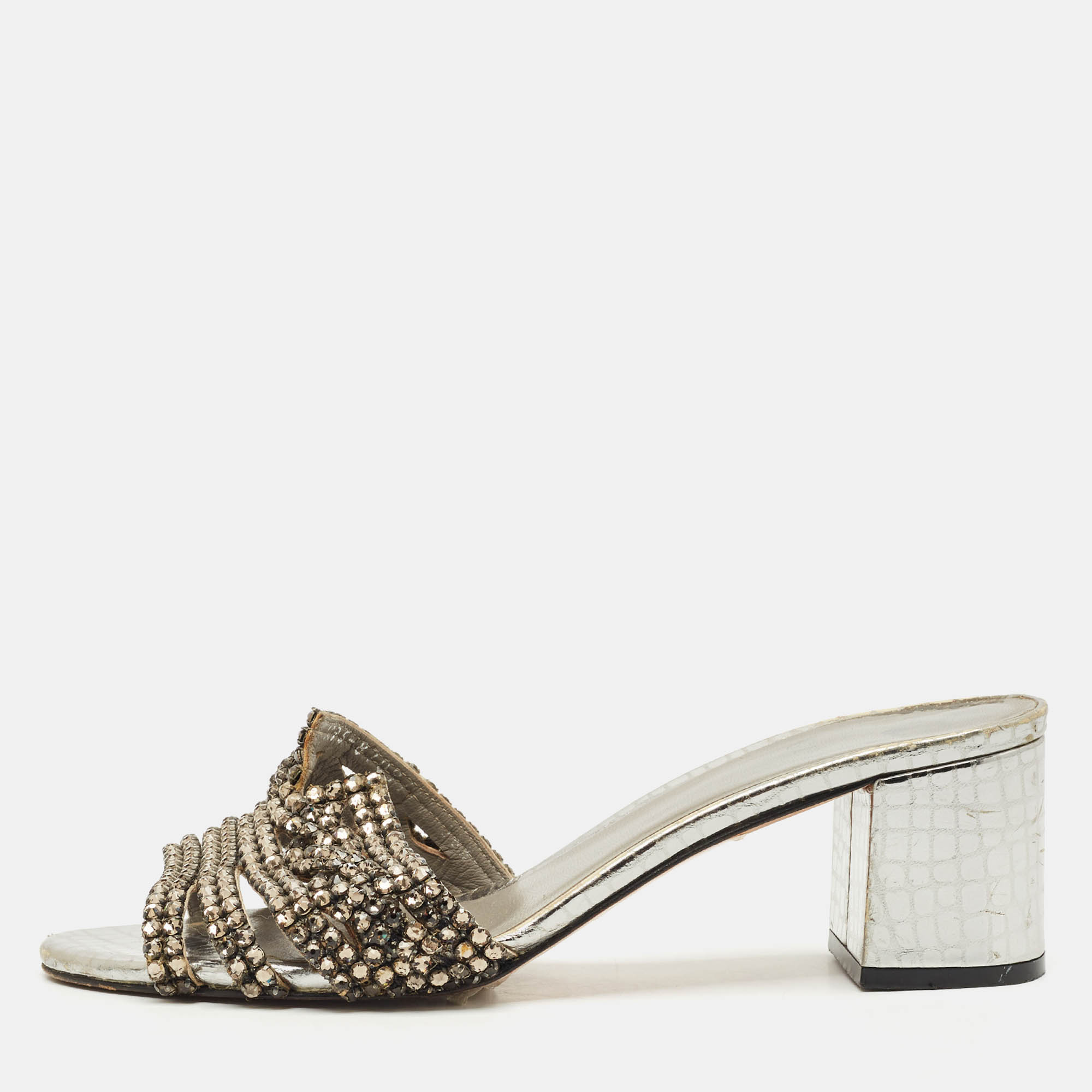 

Gina Silver Croc Embossed Leather Crystal Embellished Slide Sandals Size
