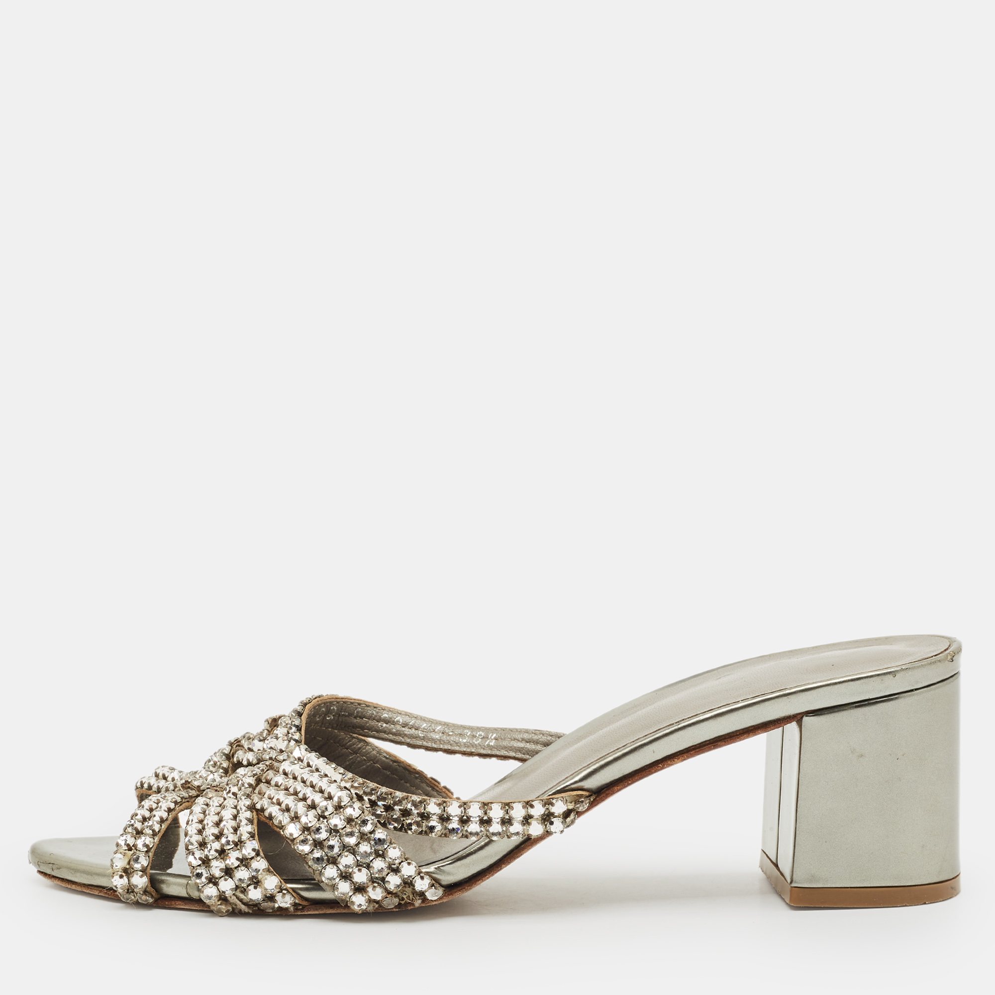 Pre-owned Gina Metallic Grey Patent Crystal Embellished Leather Slide Sandals Size 38.5 In Gray