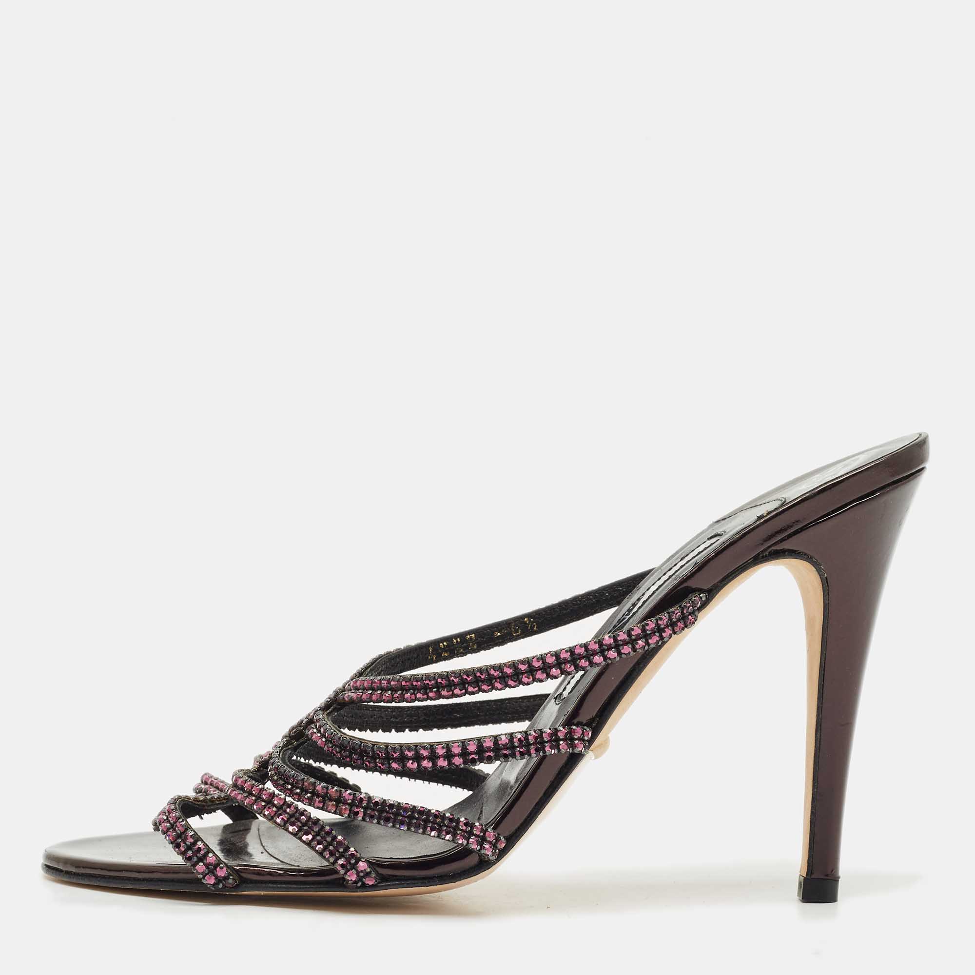 Pre-owned Gina Purple Leather Crystal Embellished Slide Sandals Size 39.5