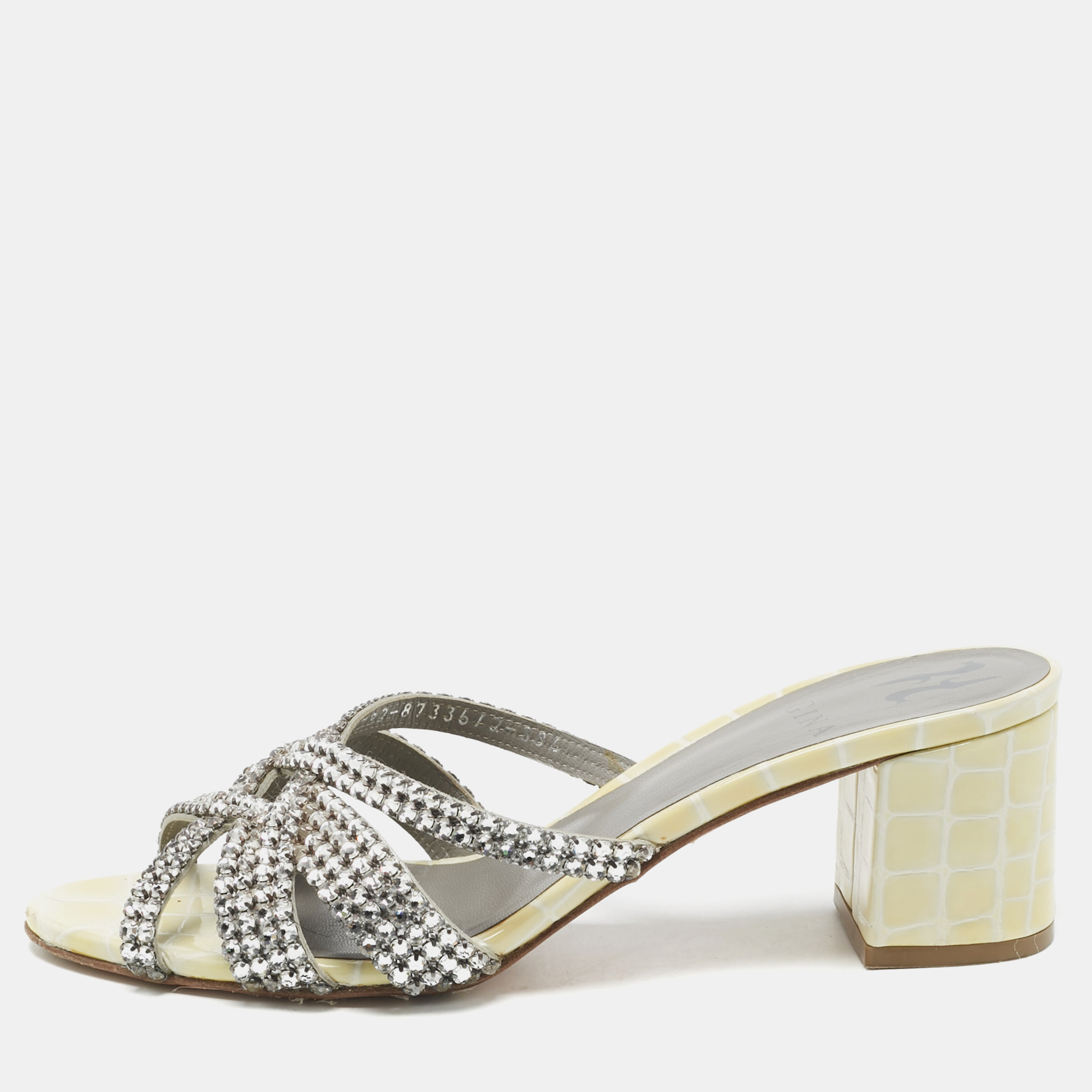Pre-owned Gina Yellow/grey Croc Embossed Patent Leather Dexie Slide Sandals Size 38.5