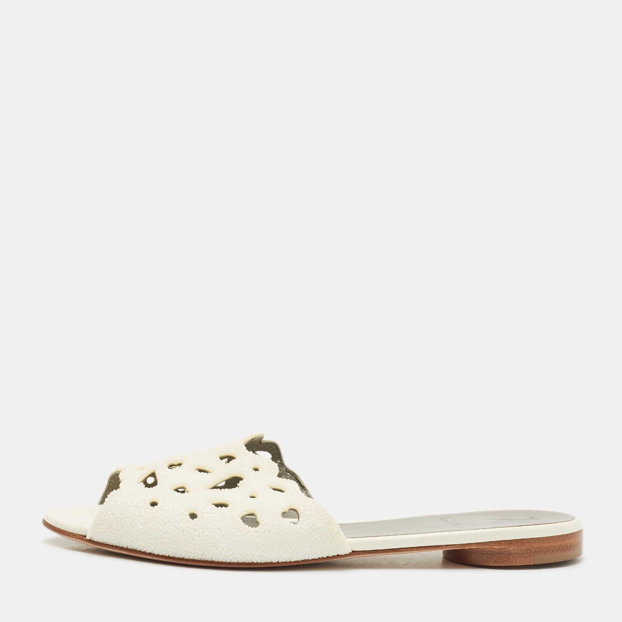 

Gina White Cutout Leather and Stones Slide Flat Size 38.5