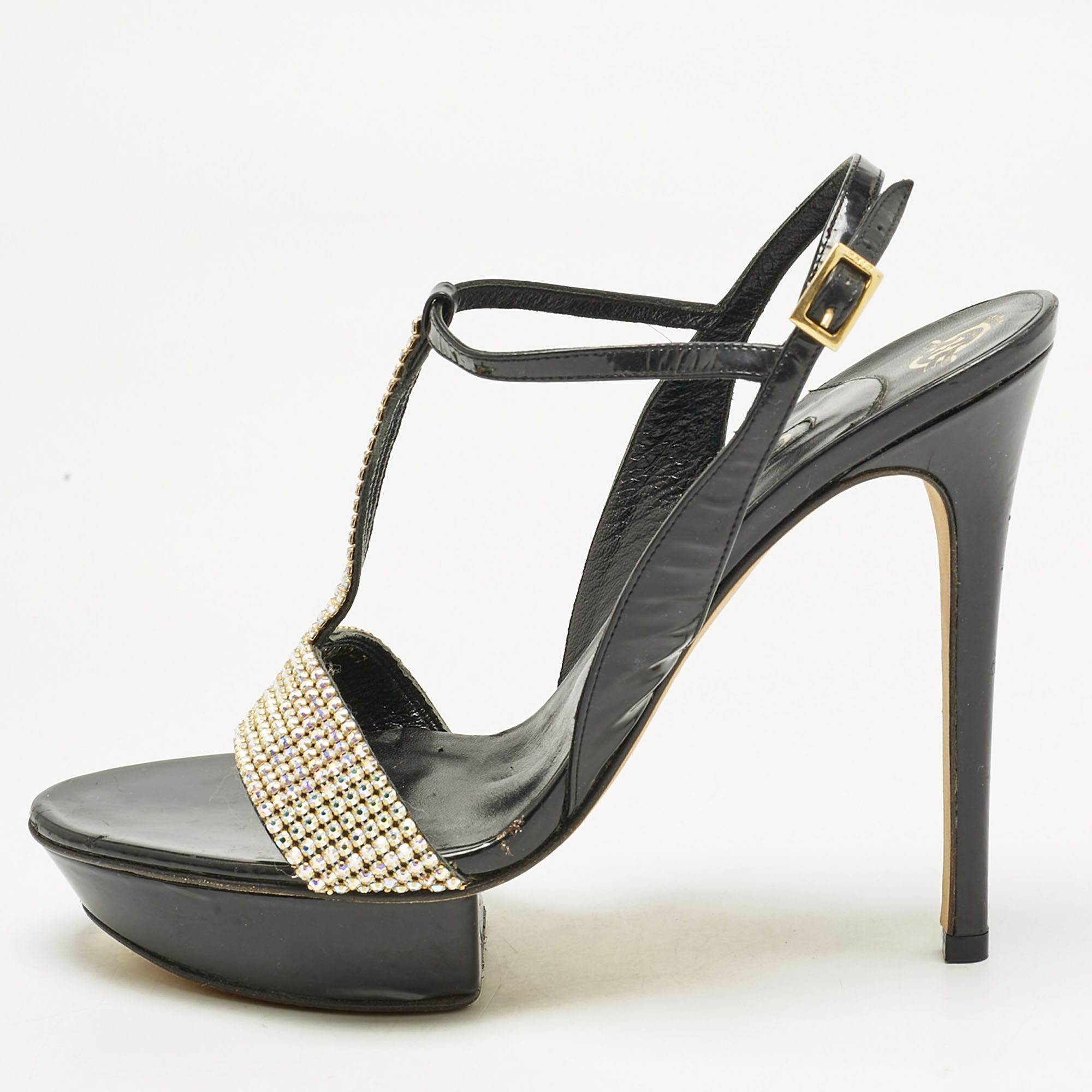 Gina Black Patent Leather Crystal Embellished T-Strap Sandals Size 40