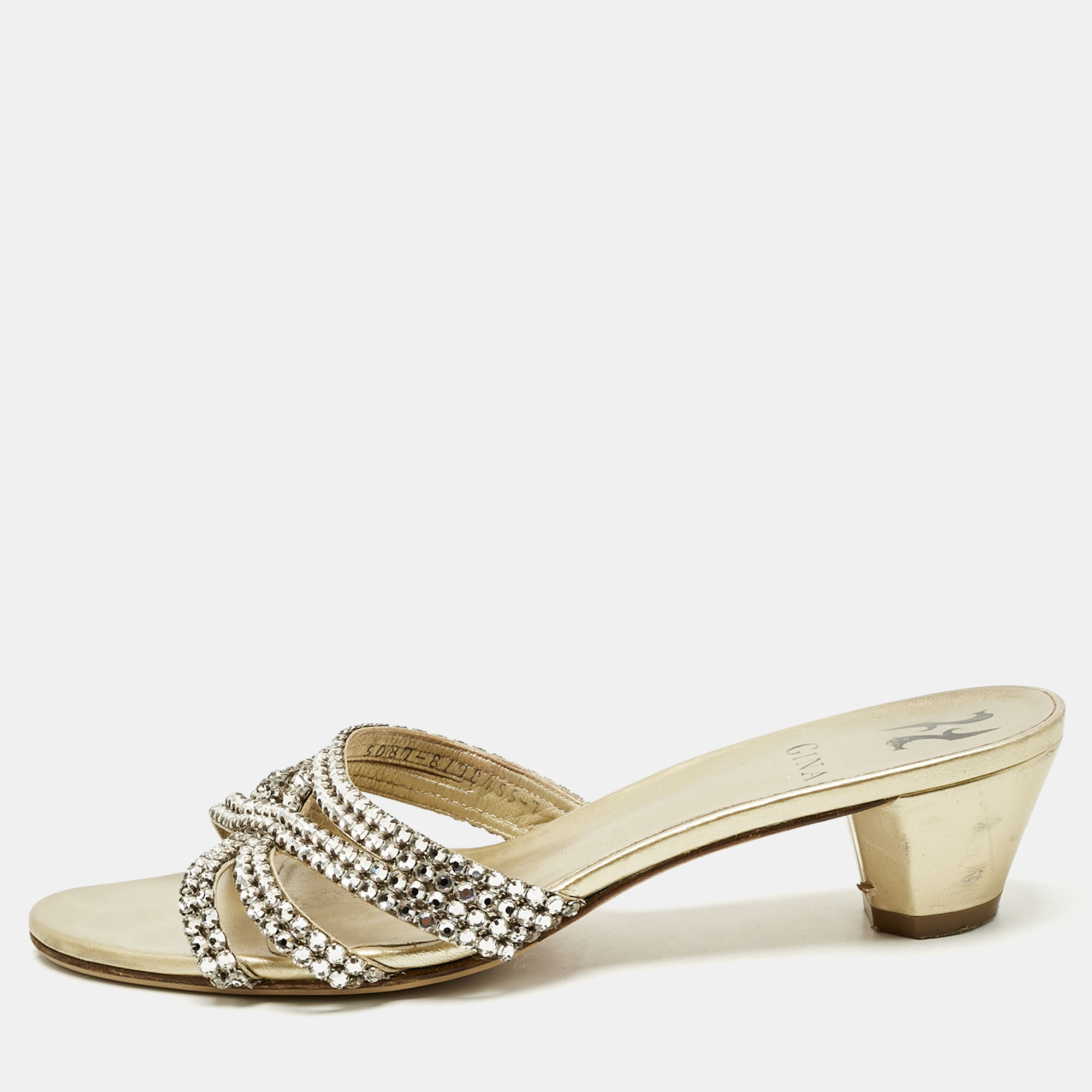 Pre-owned Gina Gold Leather Crystal Embellished Slide Sandals Size 40