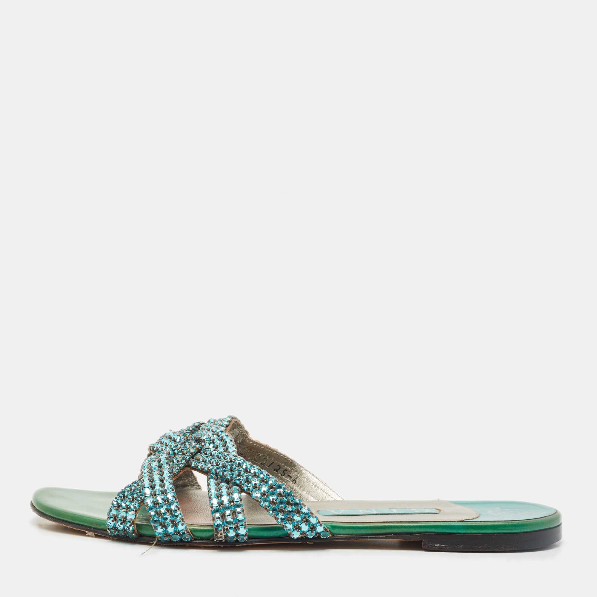 

Gina Green Crystals and Leather Slide Sandals Size 38