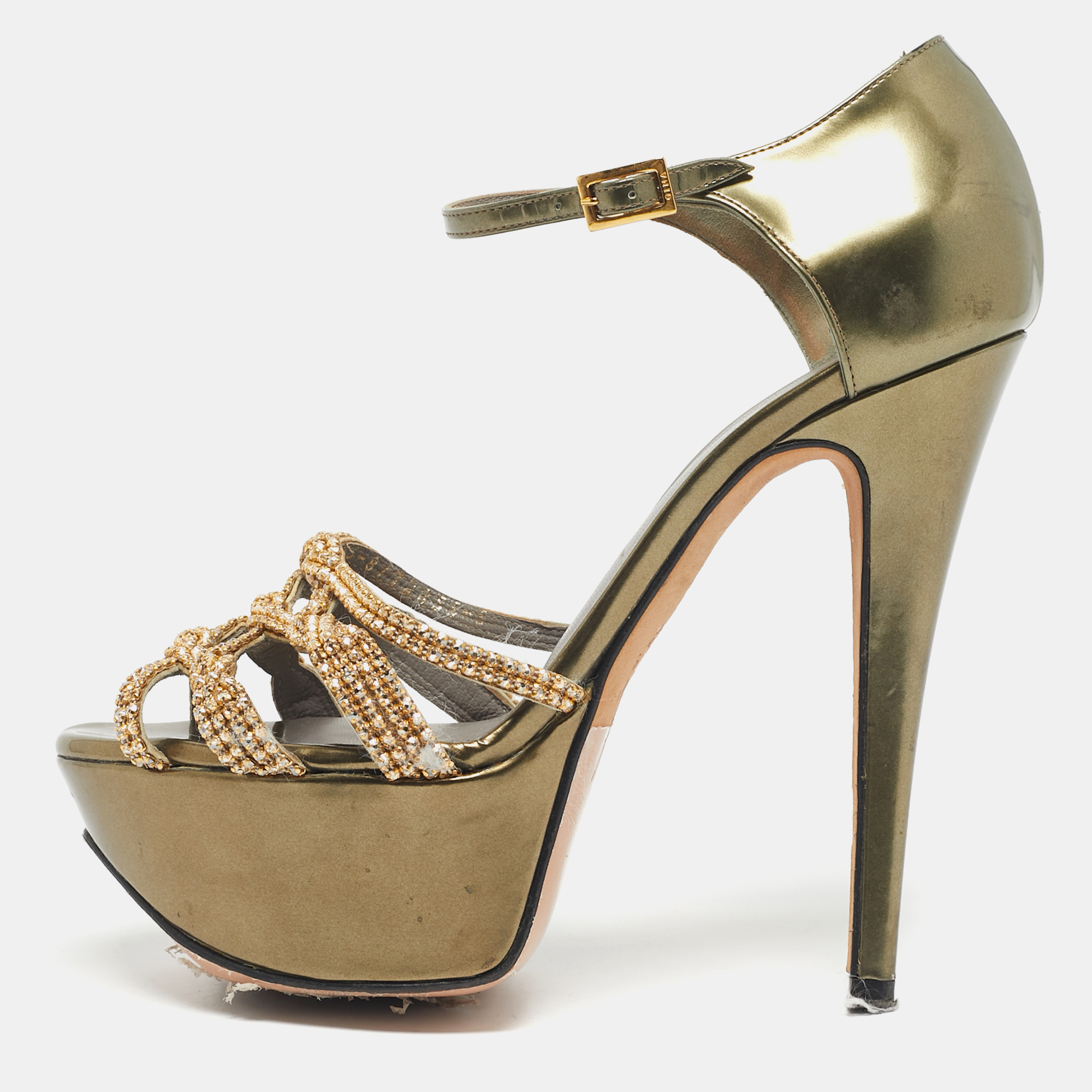Pre-owned Gina Green Patent Leather Crystal Embellished Ankle Strap Platform Sandals Size 38