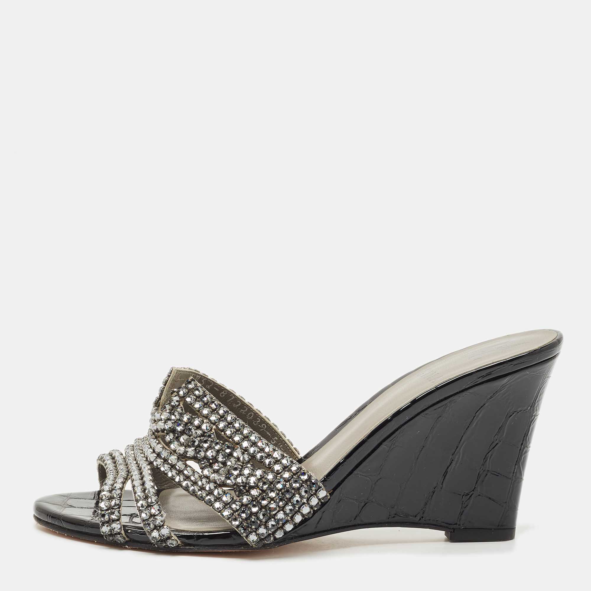 

Gina Grey Crystal Embellished Leather Syracuse Wedge Sandals Size 38.5