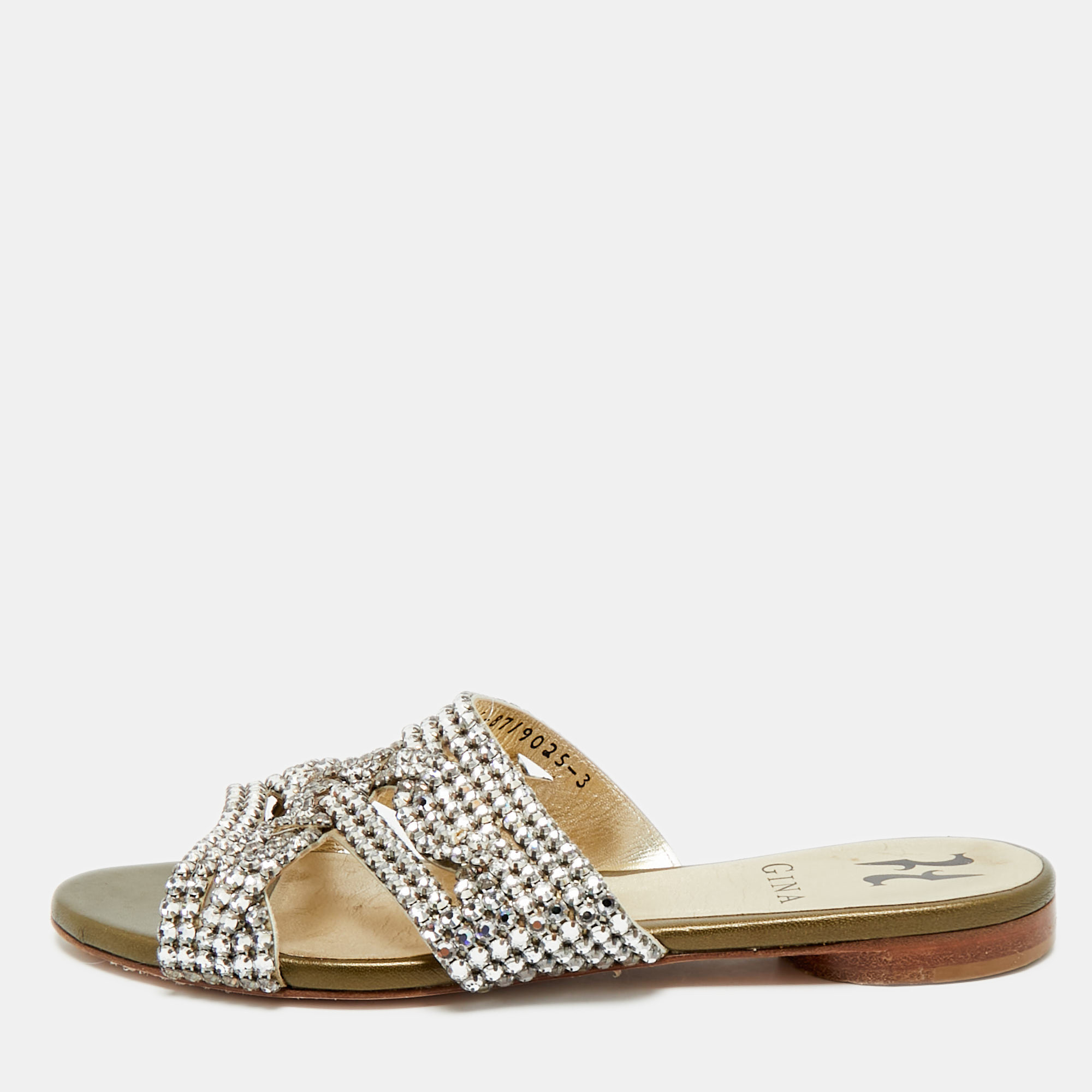 Pre-owned Gina Silver Crystal Embellished Leather Flat Slides Size 36