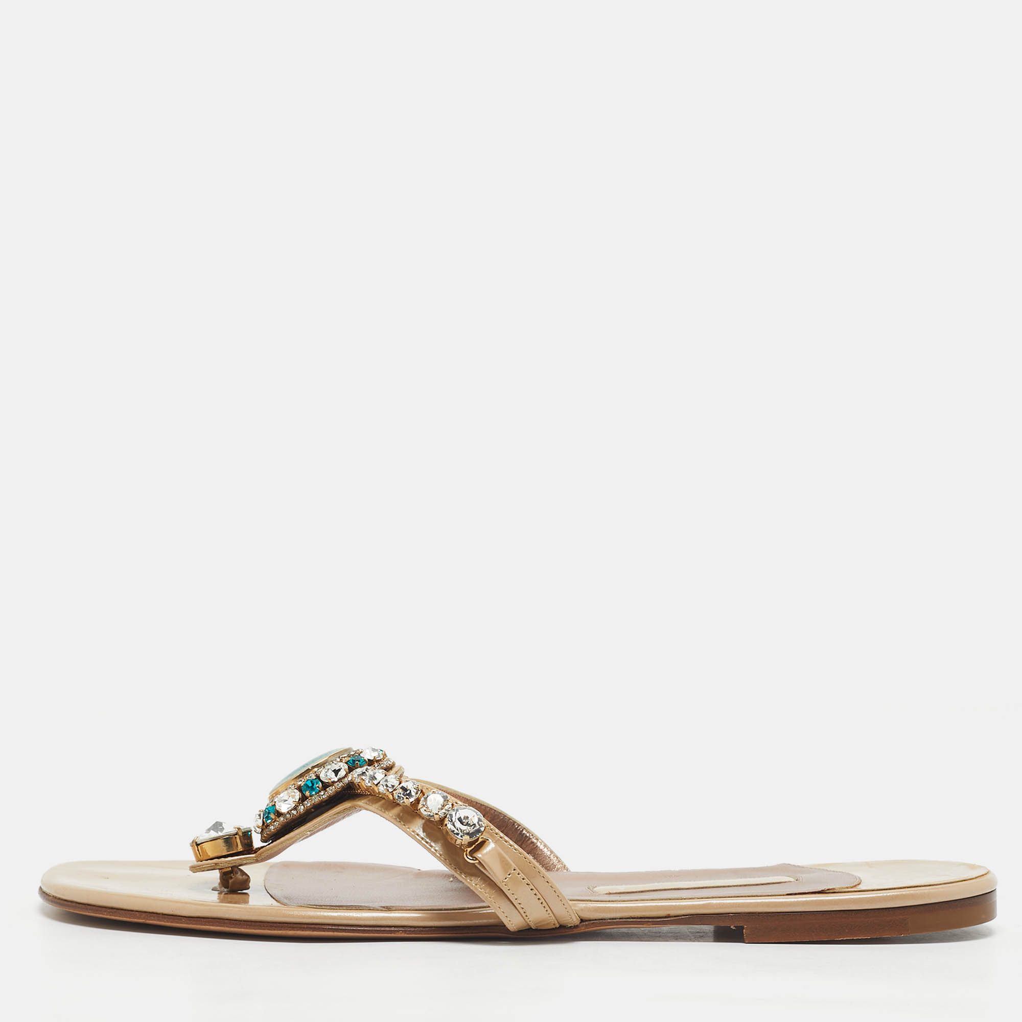 Pre-owned Gina Beige Patent Crystal Embellished Thong Slide Sandals Size 41