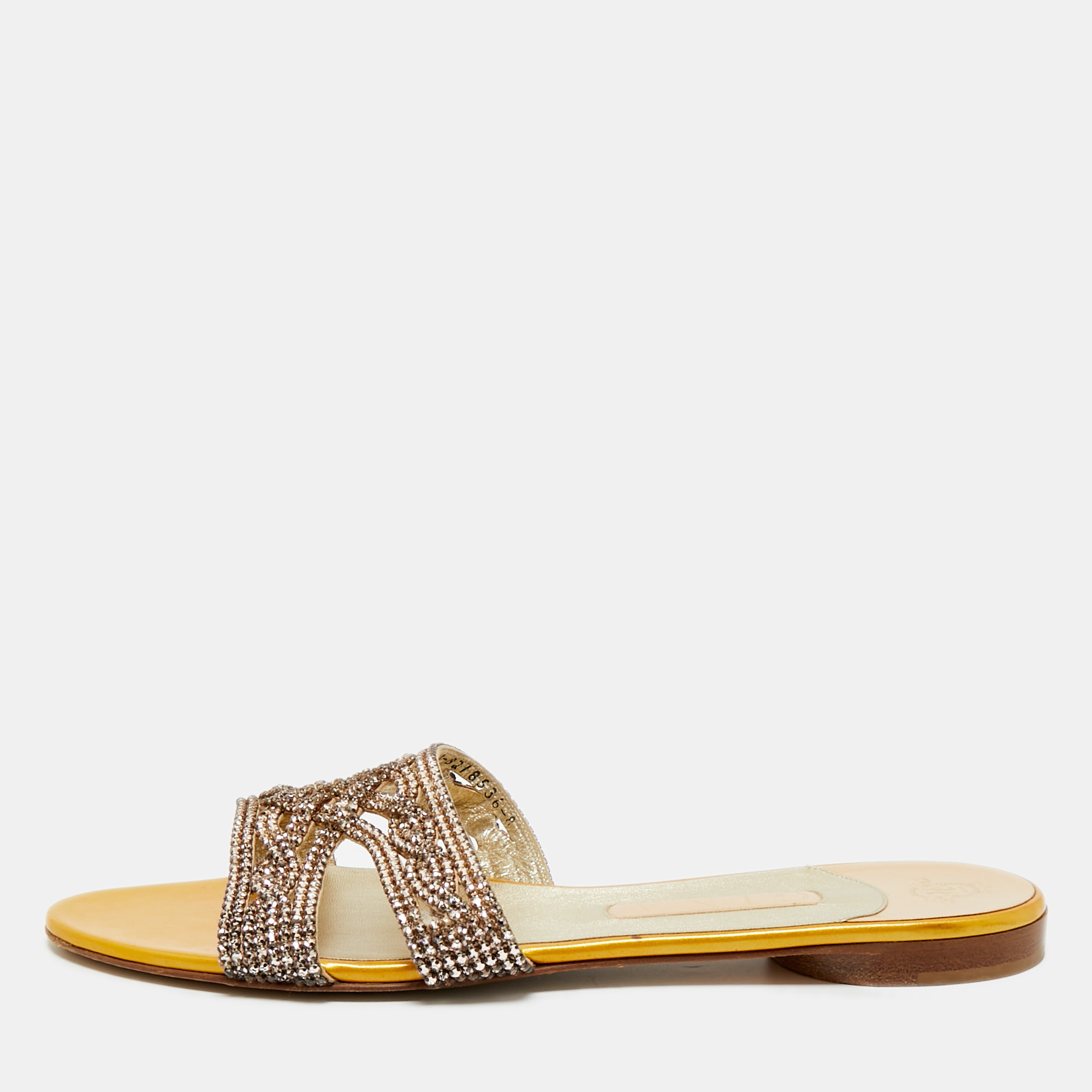 Gina Yellow Leather Crystal Embellished Leather Flat Slides Size 41