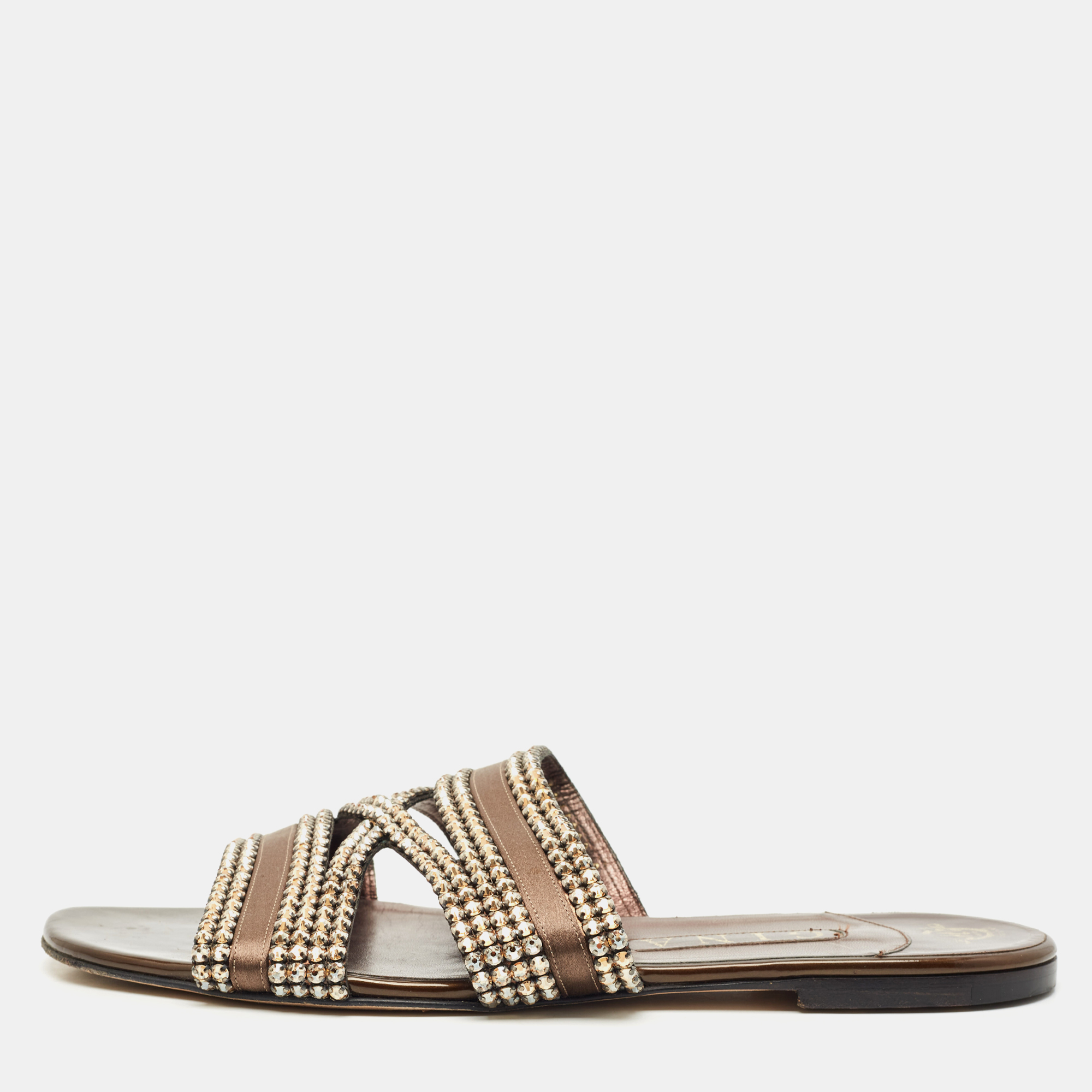 Pre-owned Gina Brown Leather Crystal Embellished Flat Slides Size 41
