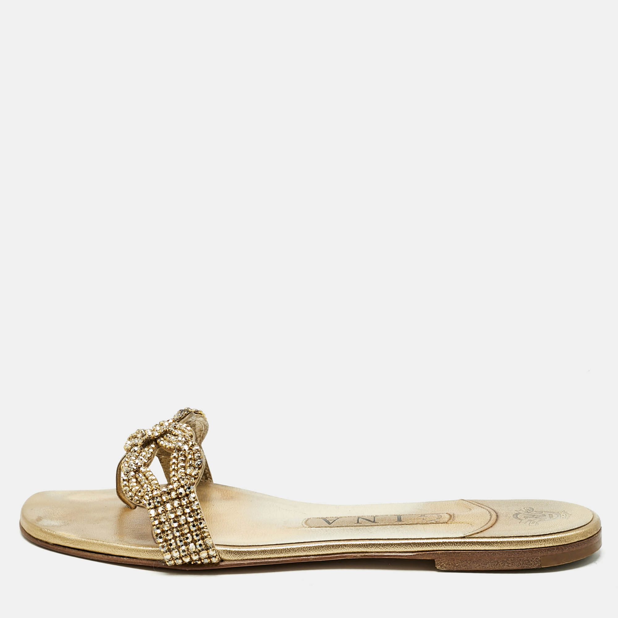 

Gina Metallic Gold Leather Crystal Embellished Flat Sandals Size 37