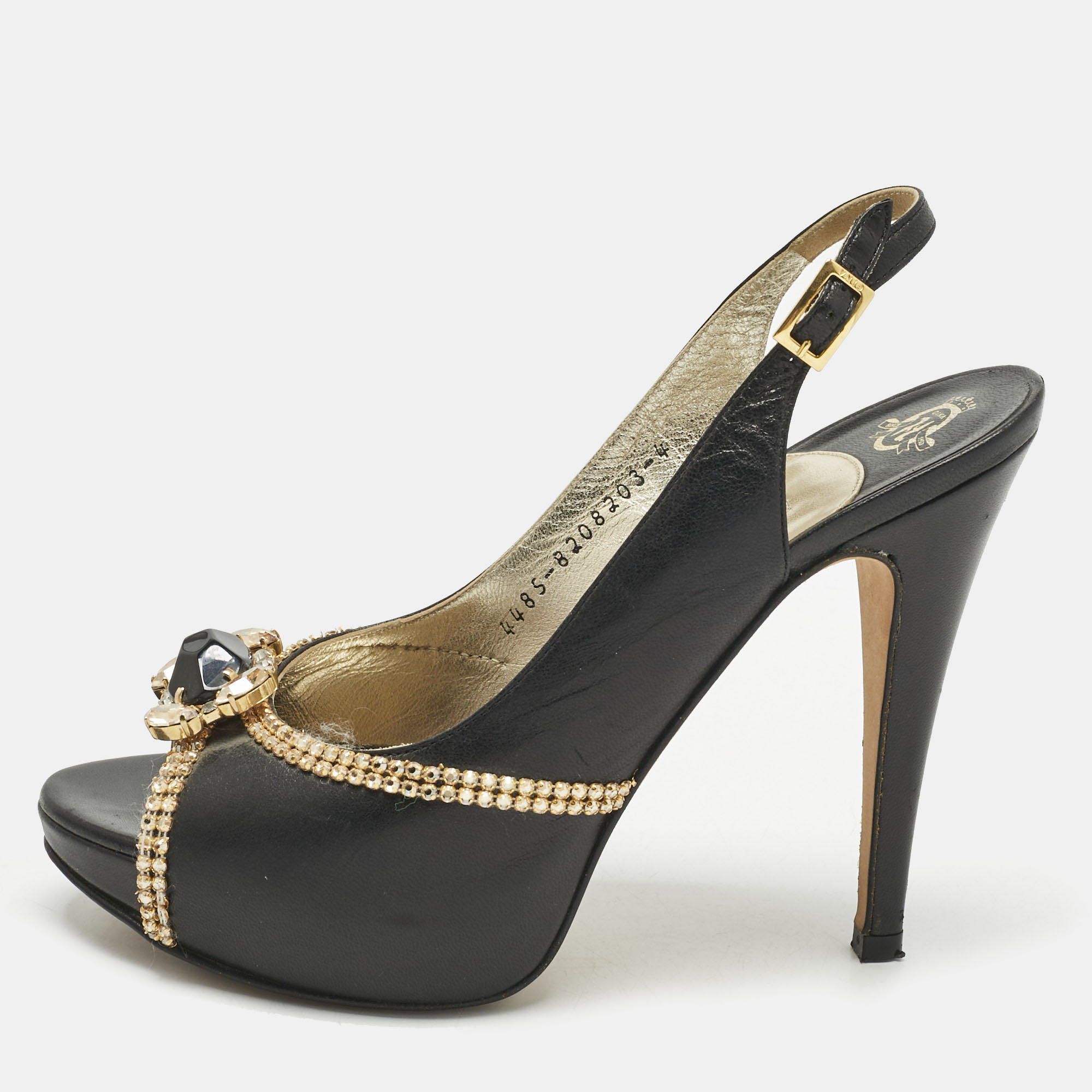 

Gina Black Leather Crystal Embellished Slingback Pumps Size 37