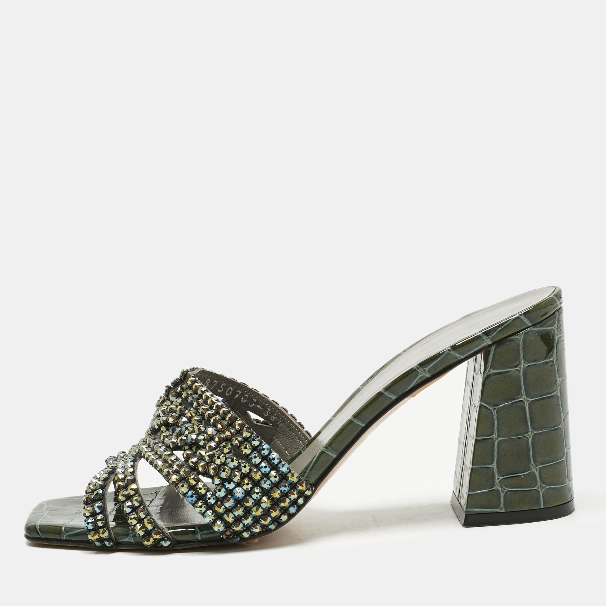 

Gina Green Croc Embossed Patent Leather Crystals Embellished Slide Sandals Size