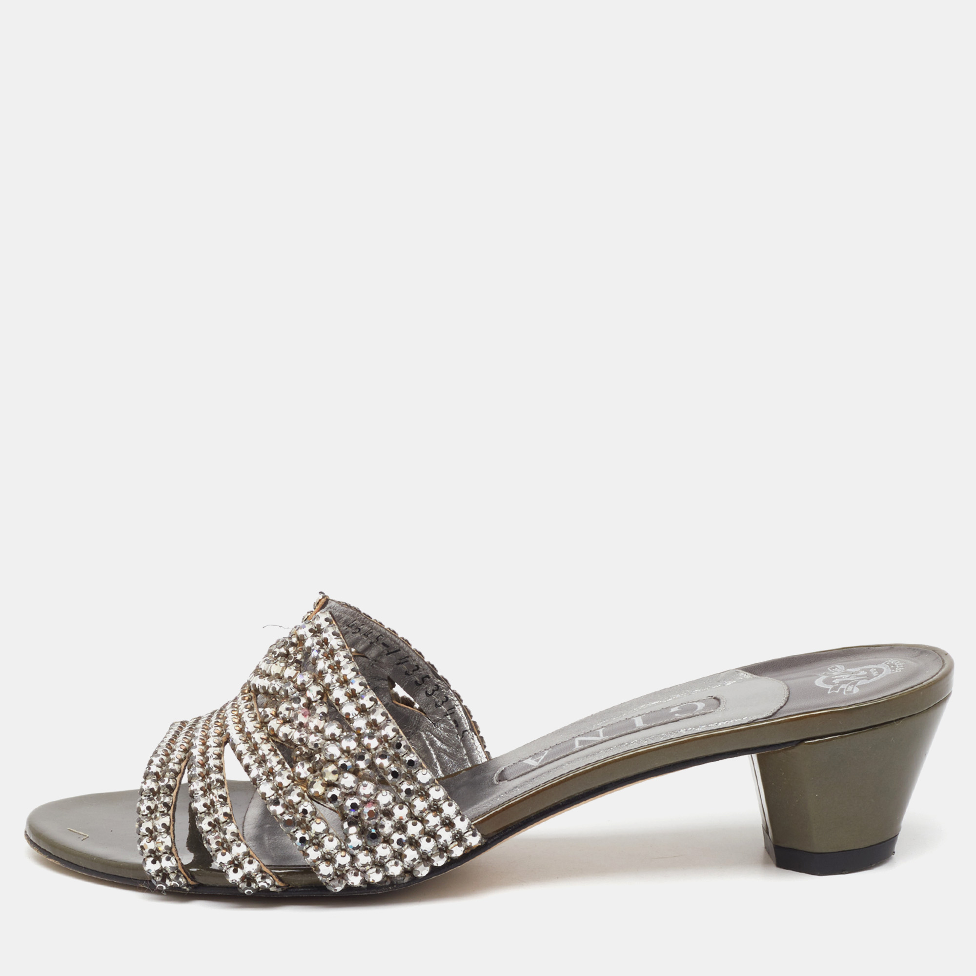 Gina Grey Leather Galaxy Crystals Slide Sandals Size 38