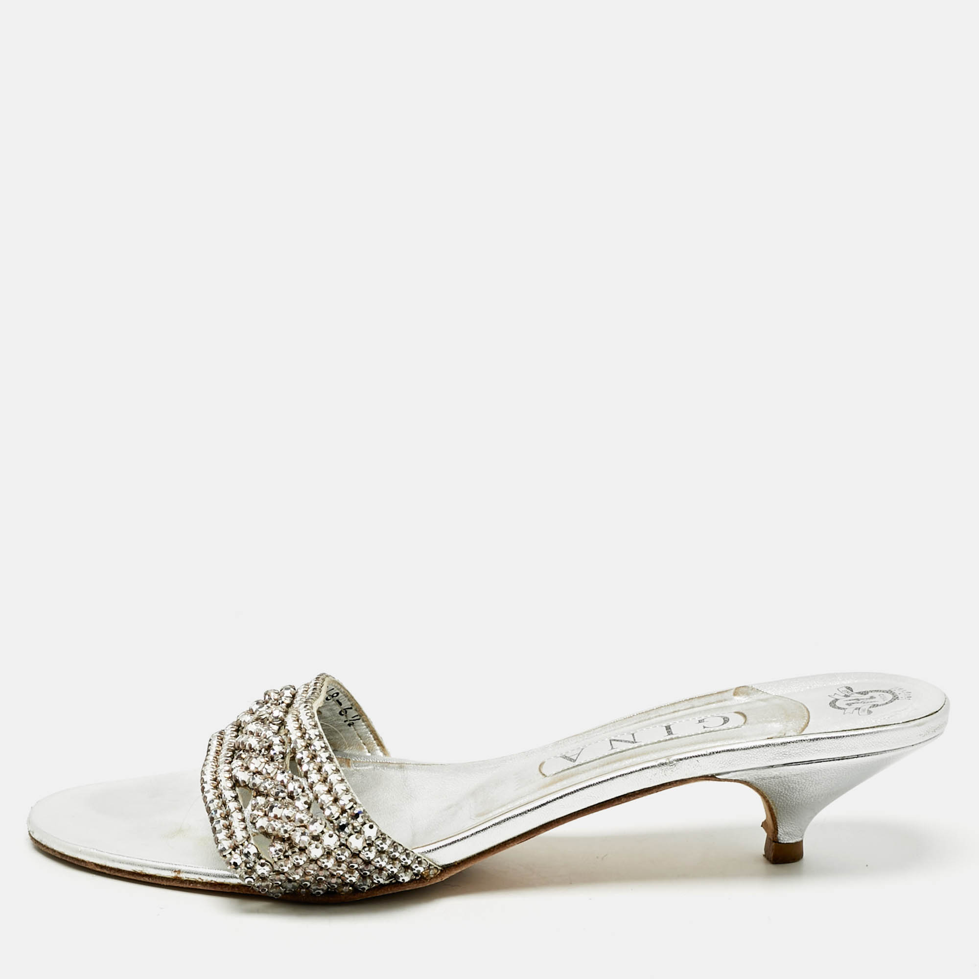 

Gina Silver Leather Crystal Embellished Sain Slide Sandals Size 39.5