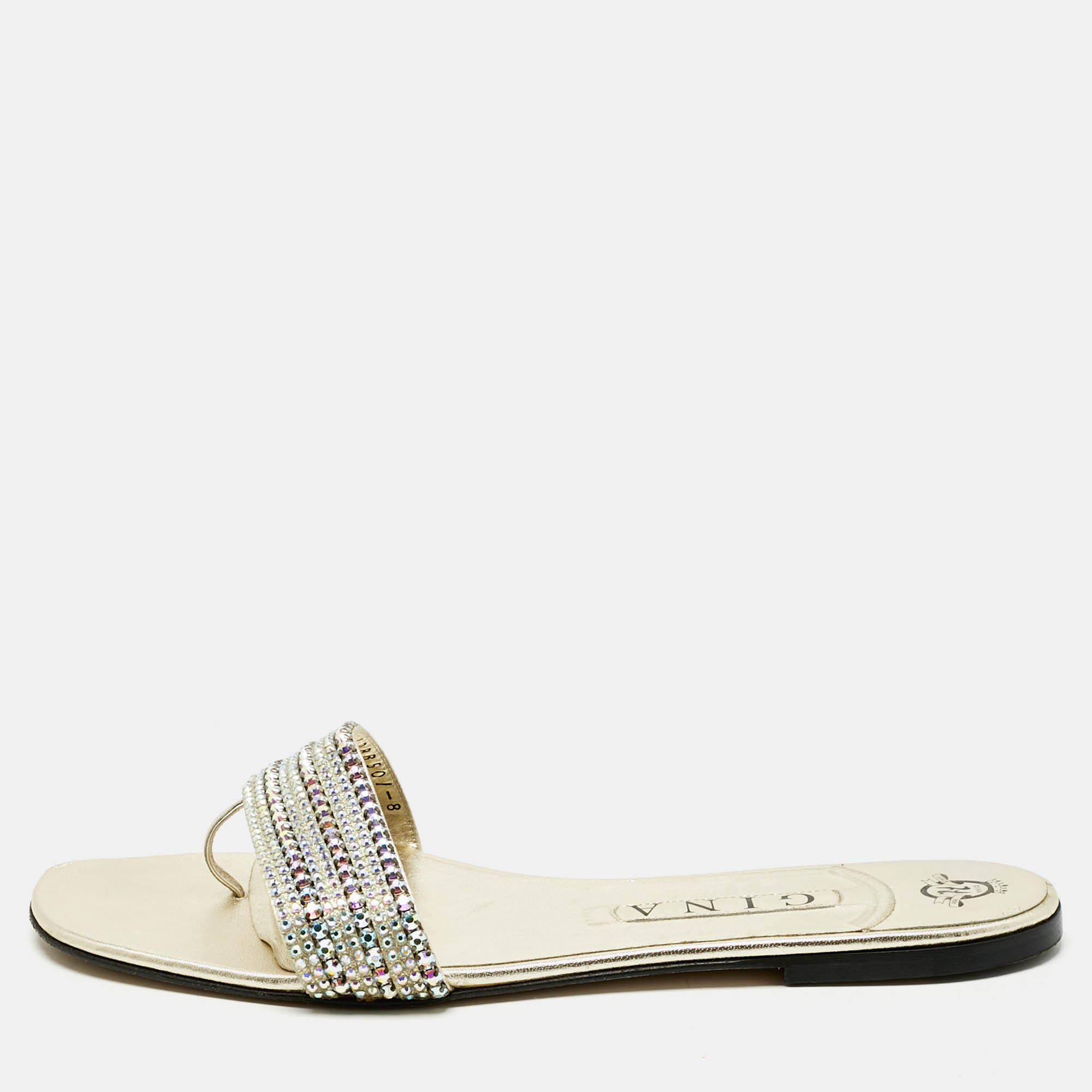 

Gina Gold Leather Crystal Embellished Aurora Flat Slides Size 41