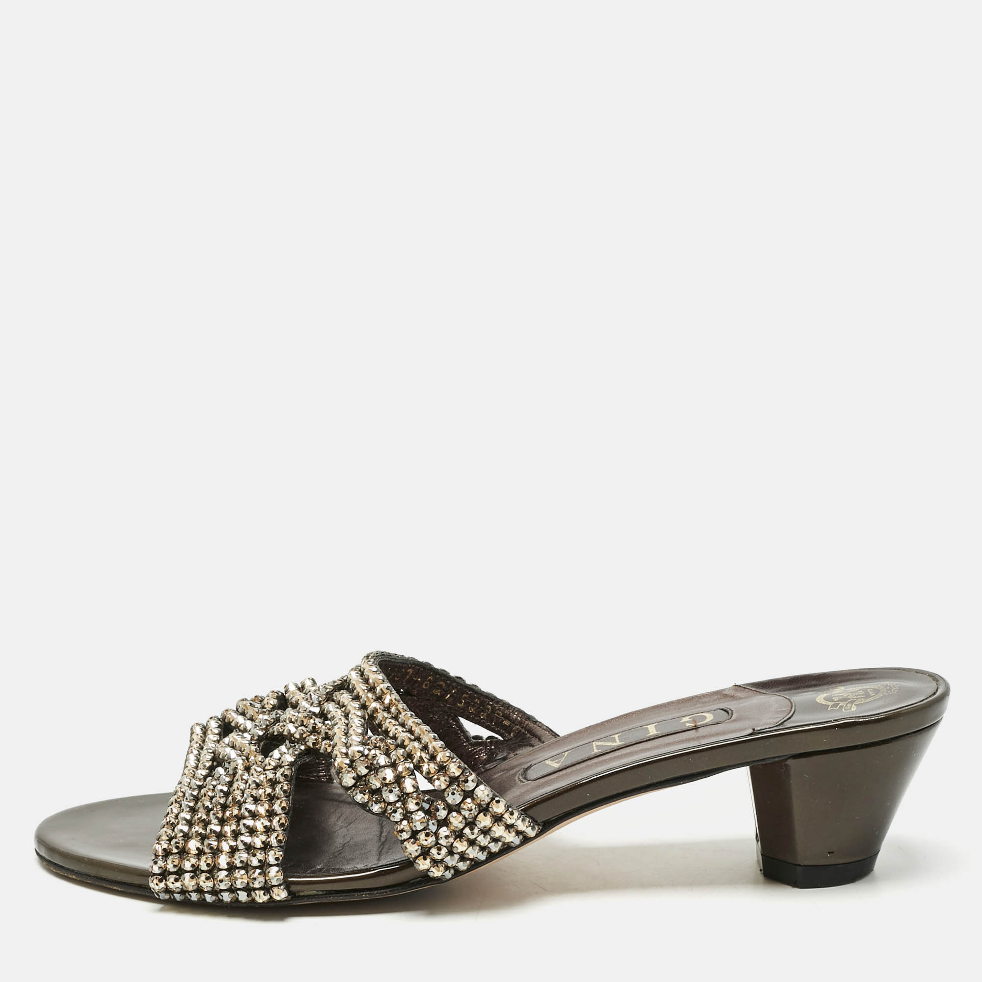

Gina Metallic Leather Crystals Embellished Slide Sandals Size 40