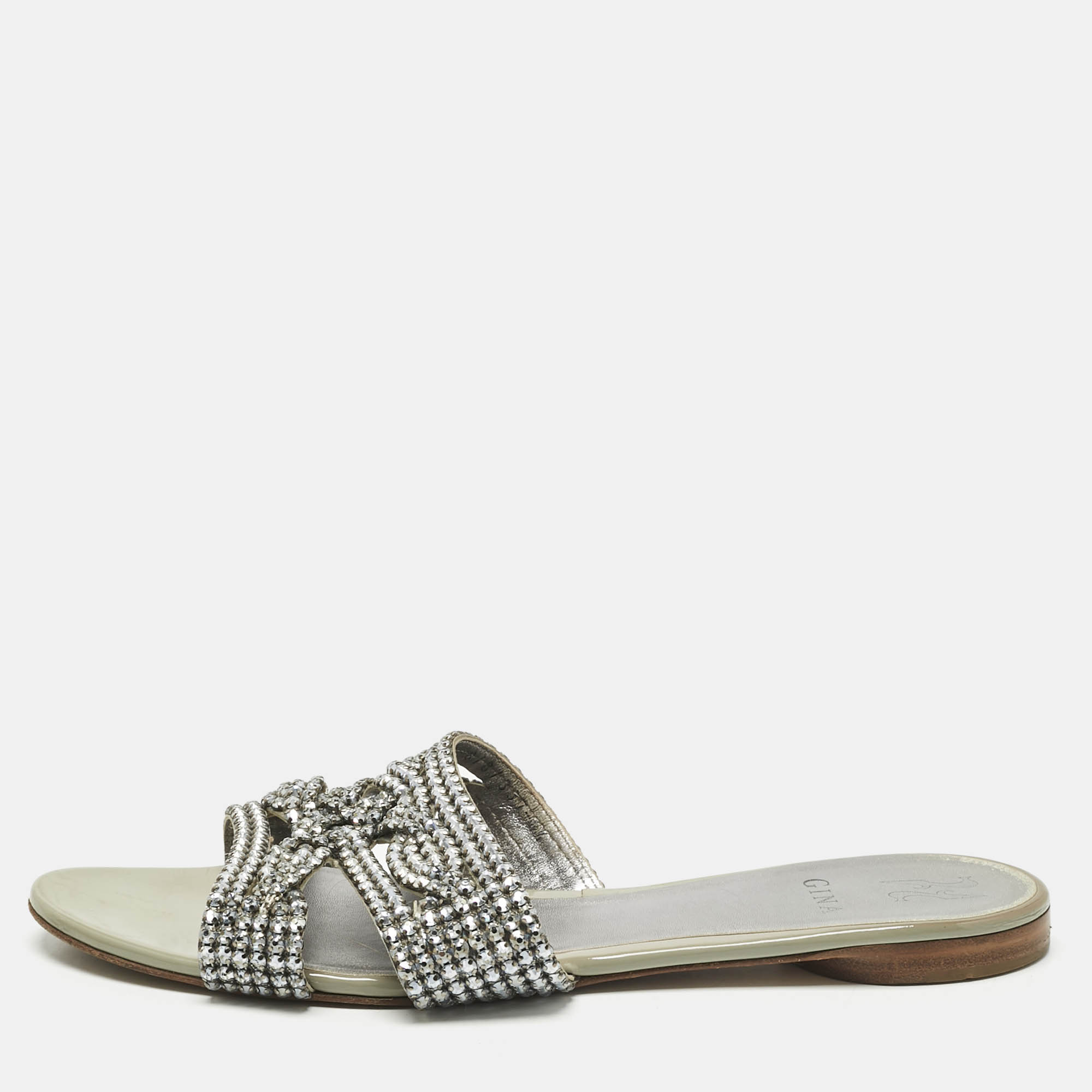 

Gina Silver Leather Crystal Embellished Loren Flat Slides Size 41.5, Gold
