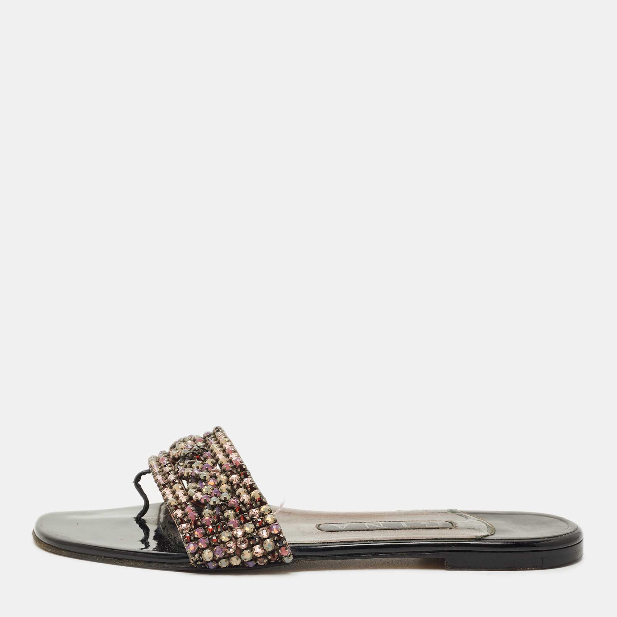 Pre-owned Gina Silver Leather Crystal Embellished Aurora Thong Flat Slides Size 37.5
