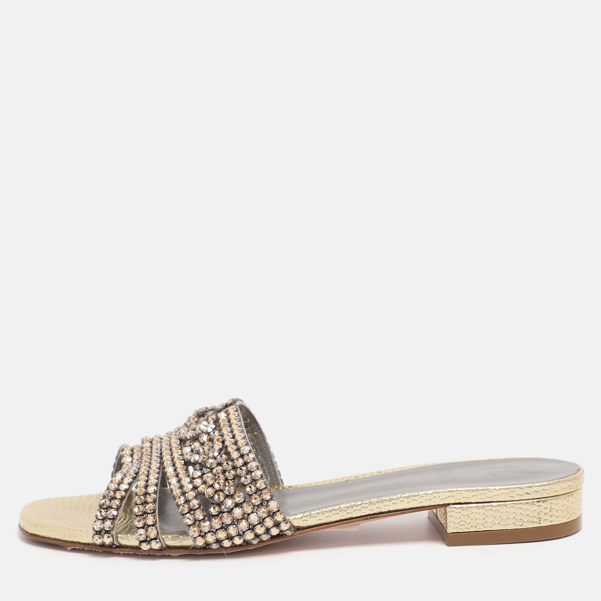 Pre-owned Gina Gold Leather Crystal Embellished Flat Slide Sandals Size 38.5 In Brown