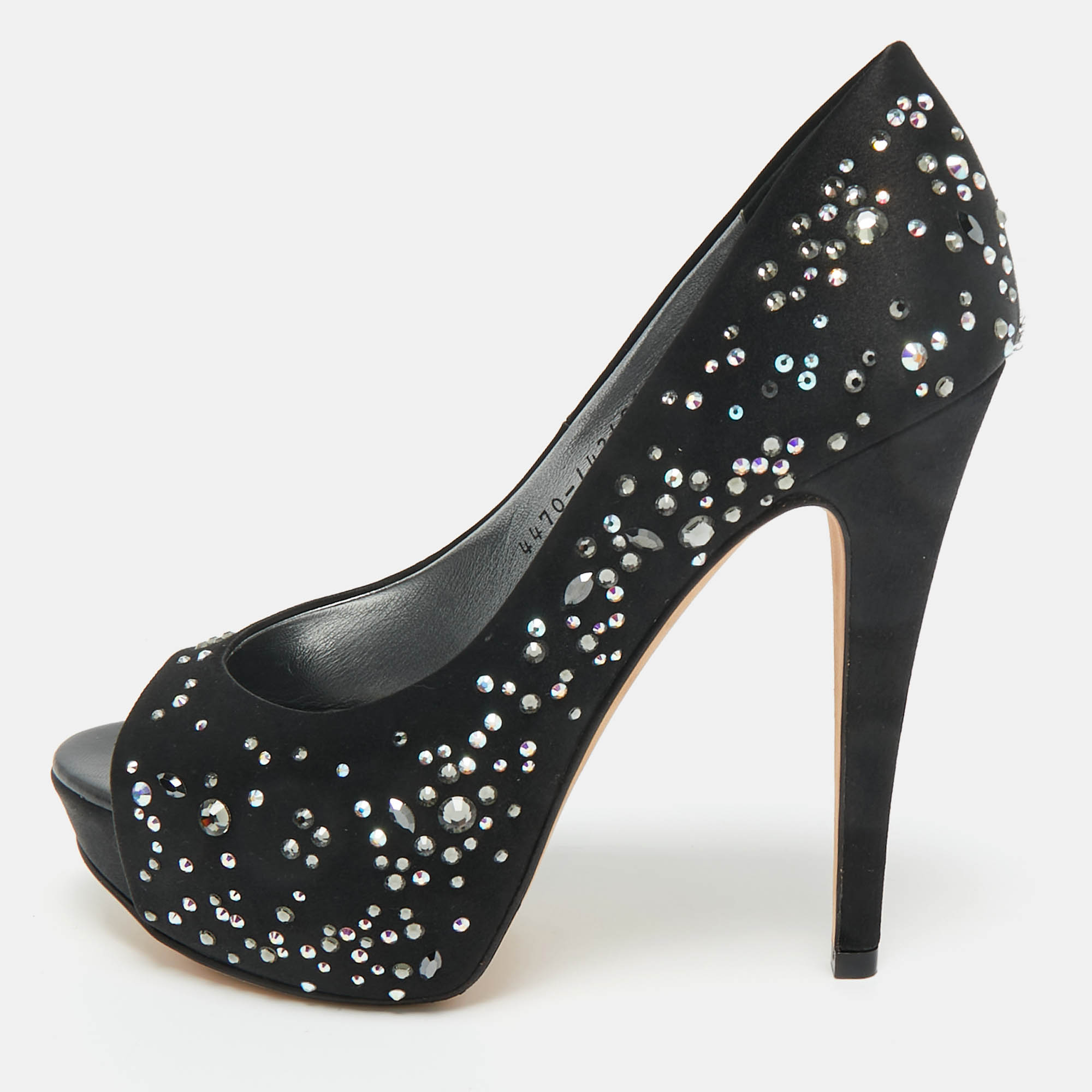 

Gina Black Crystal Embellished Satin Open Toe Platform Pumps Size 39