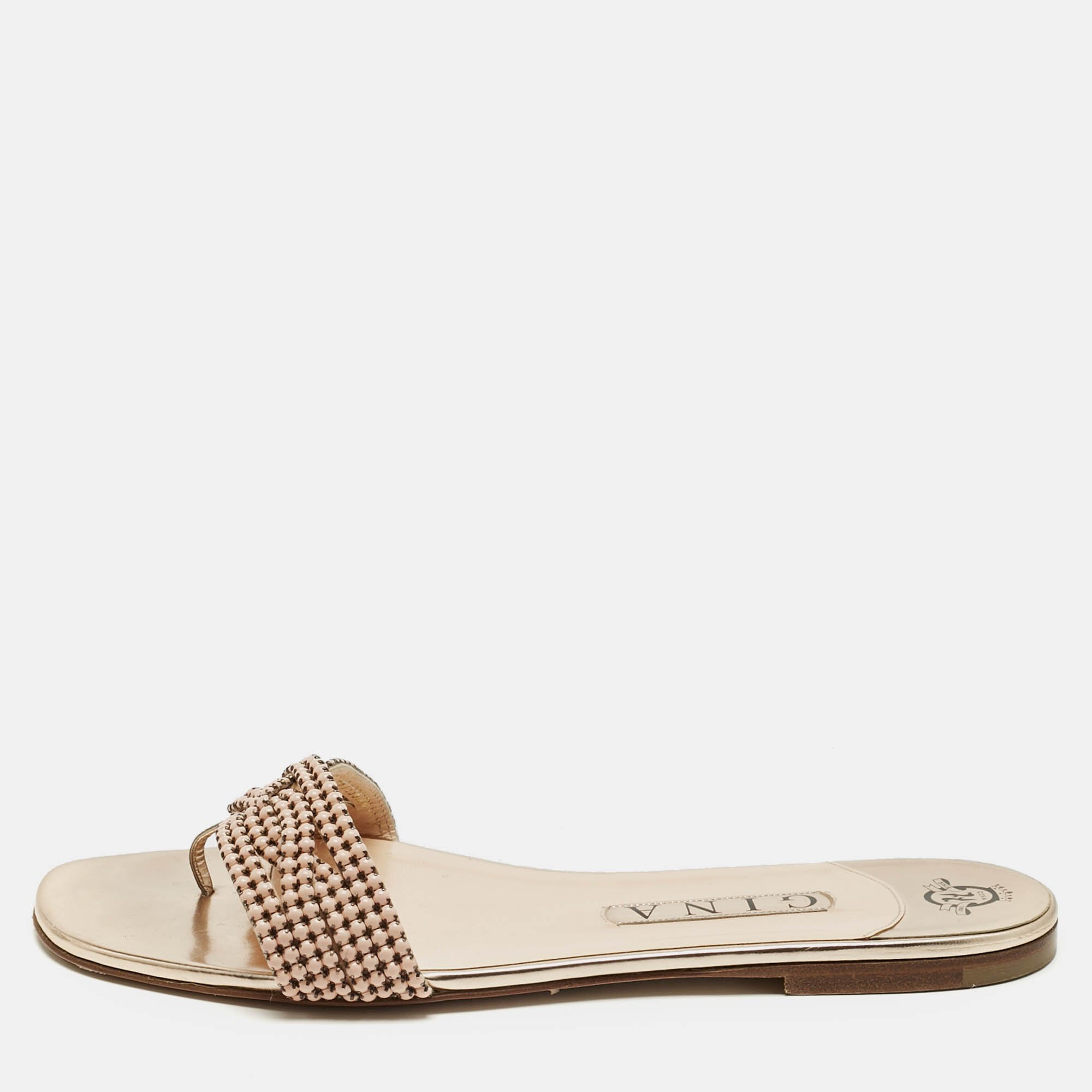 Gina Gold Leather Crystal Embellished Flat Slides Size 40